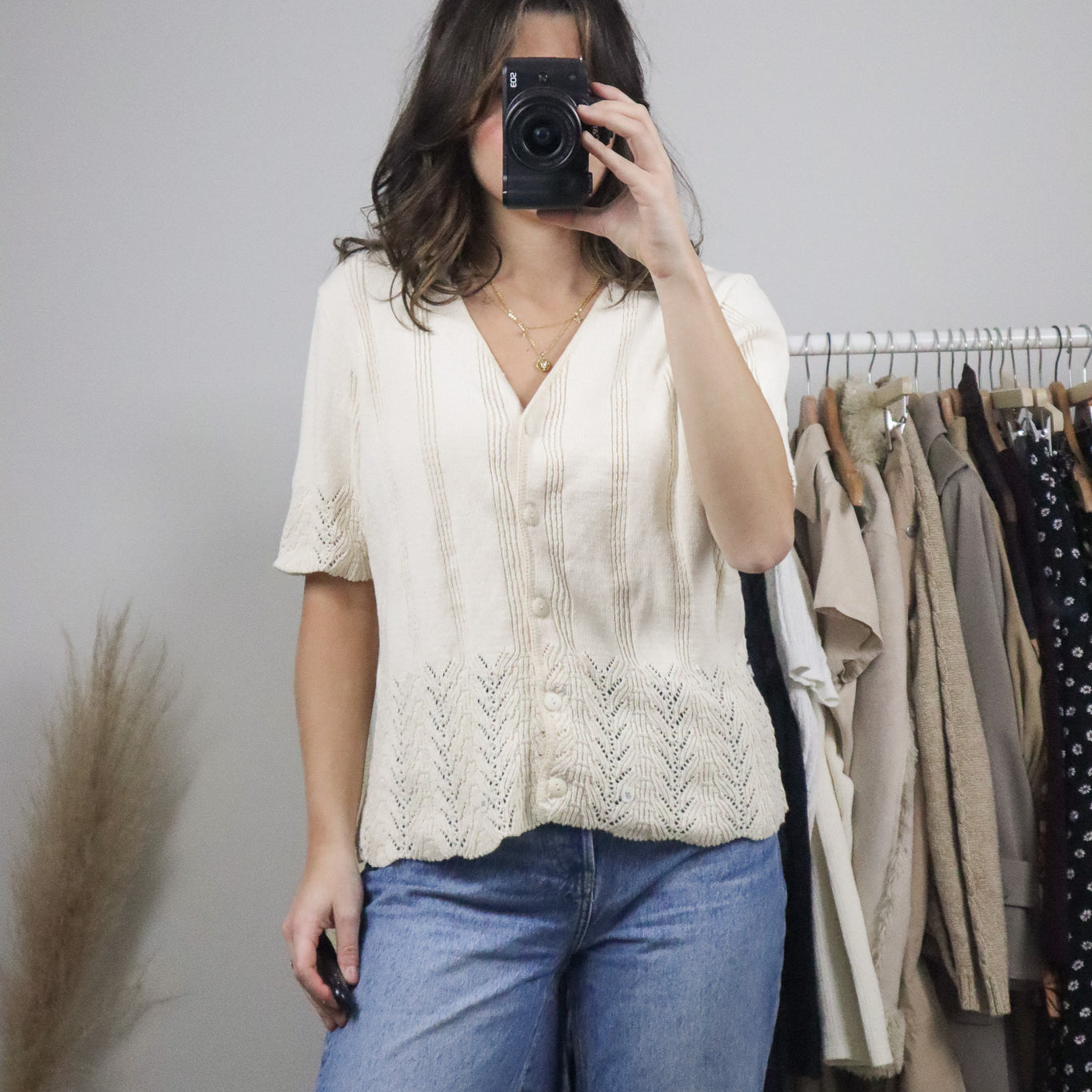 Made in Canada x Vintage x Cotton Crochet Short-Sleeve Knit (L)