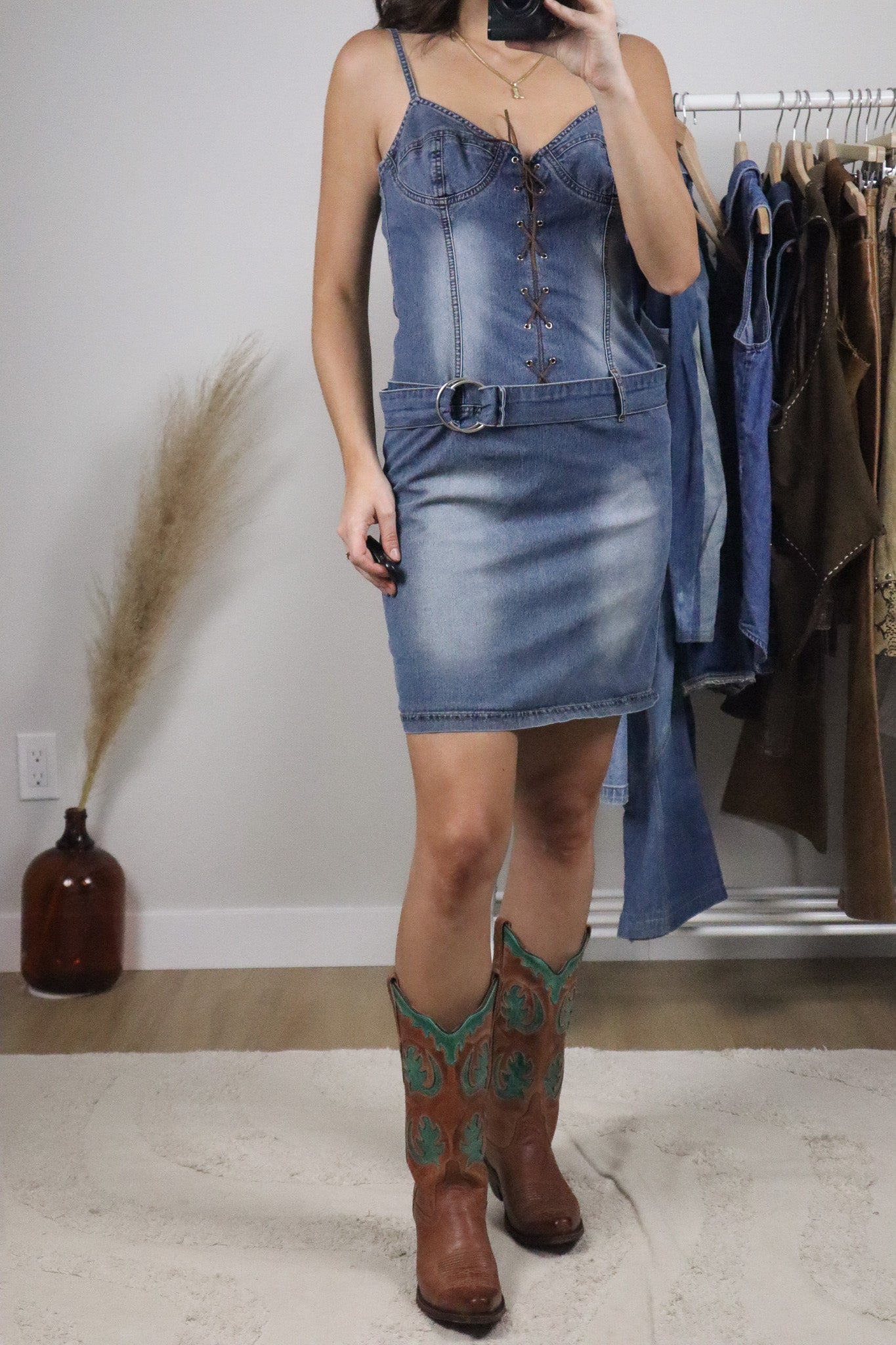 Vintage x Denim Belted Mini Dress (S)