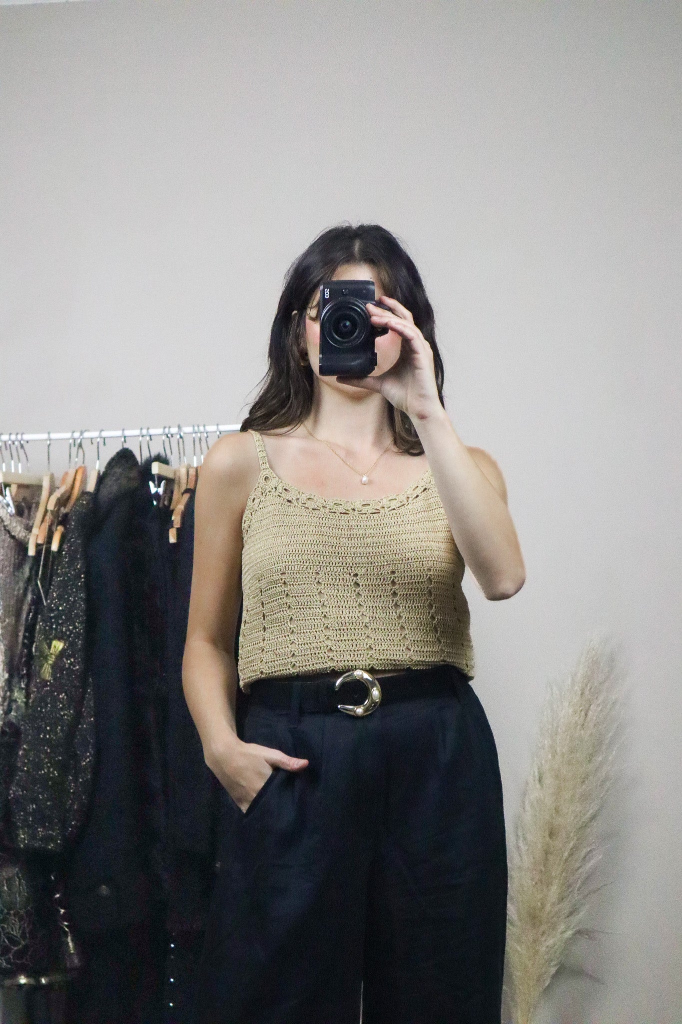 Modern x Silk Blend Shimmer Crochet Top (M)