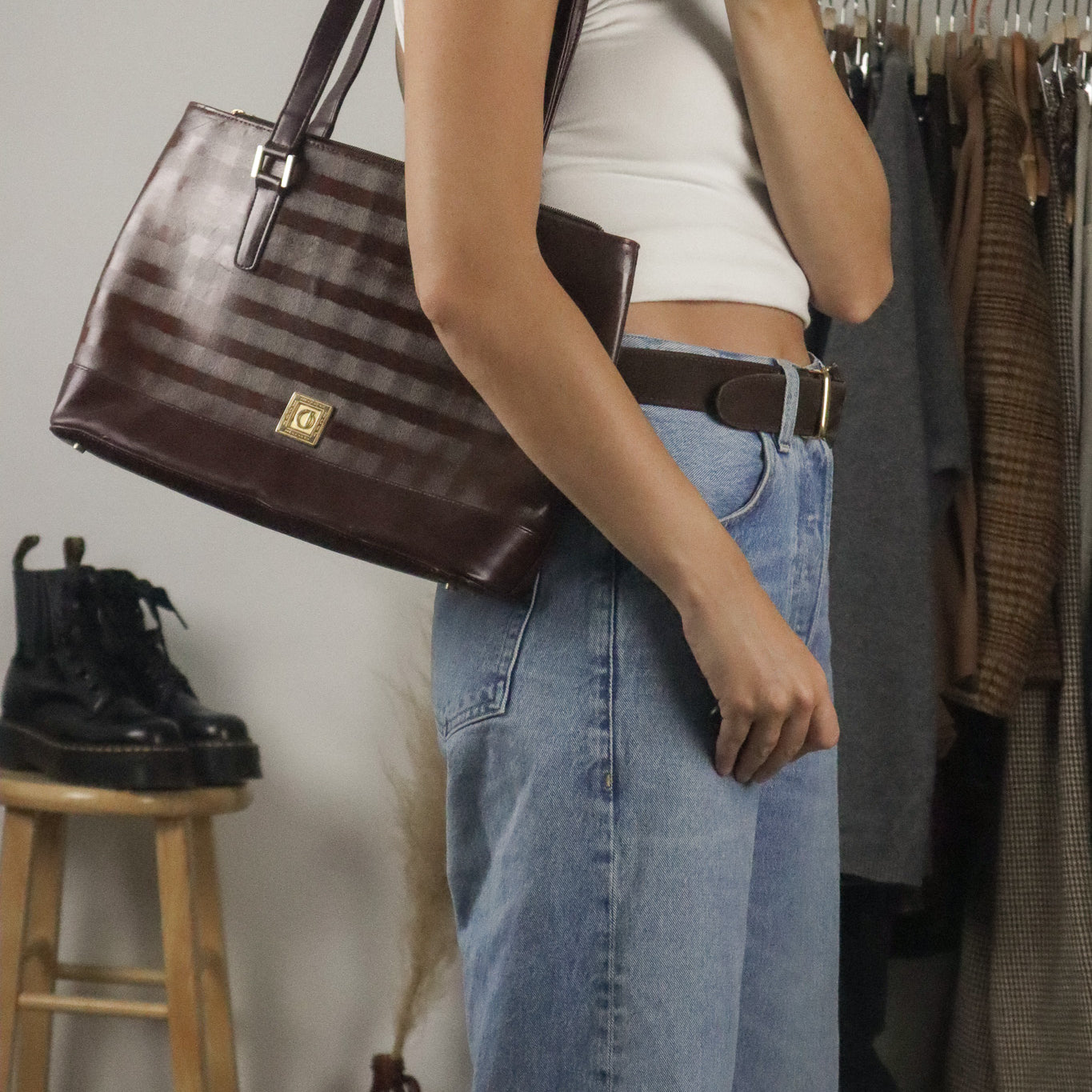 Vintage x Leather Checkered Shoulder Bag
