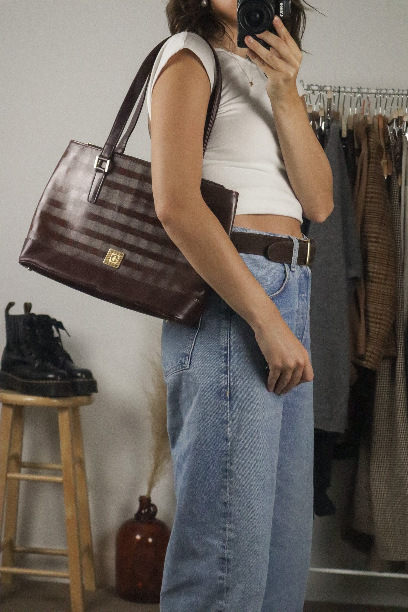 Vintage x Leather Checkered Shoulder Bag