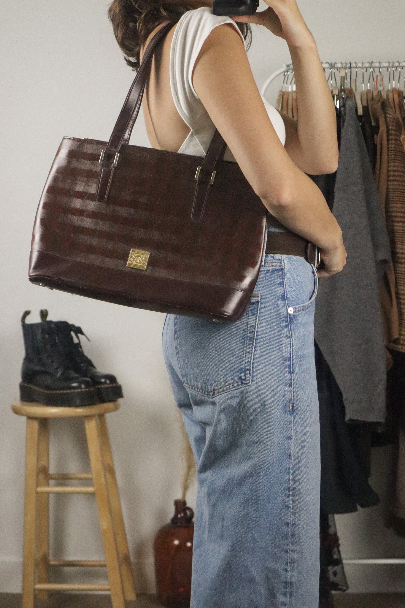 Vintage x Leather Checkered Shoulder Bag