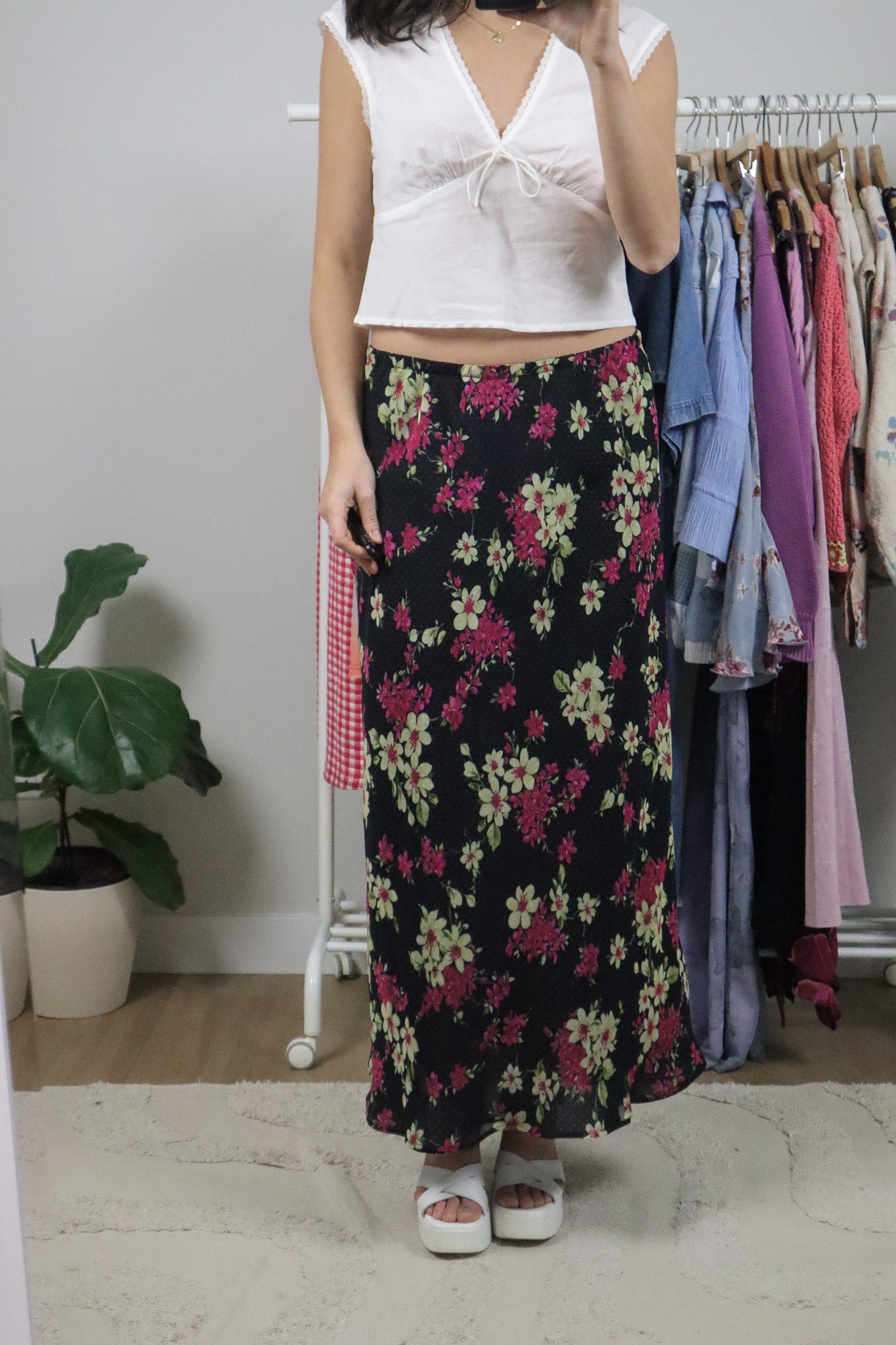 Vintage x Reversible Polka Dot/Floral Maxi Skirt (L)