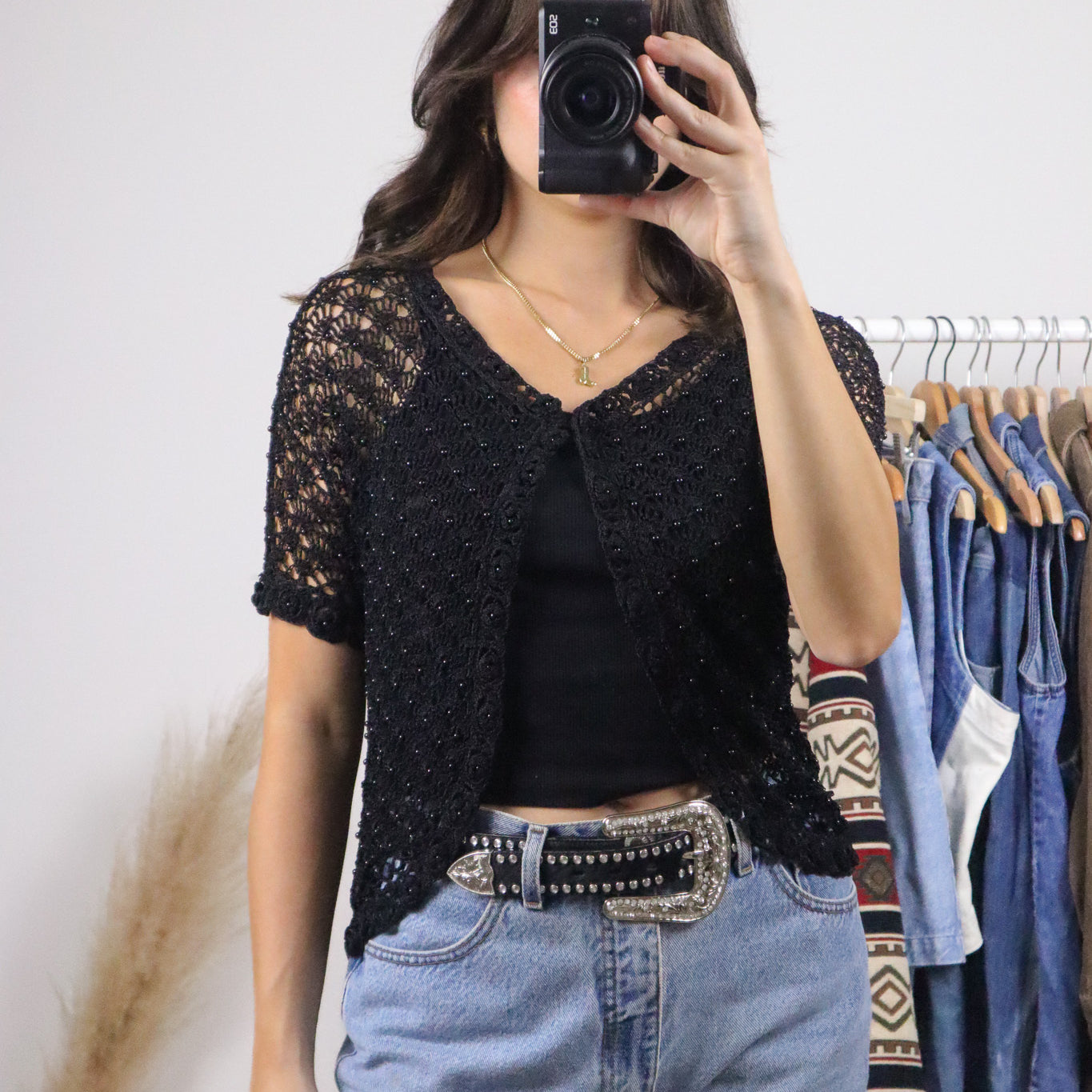Vintage x Crochet Beaded Short-Sleeve Top (M)