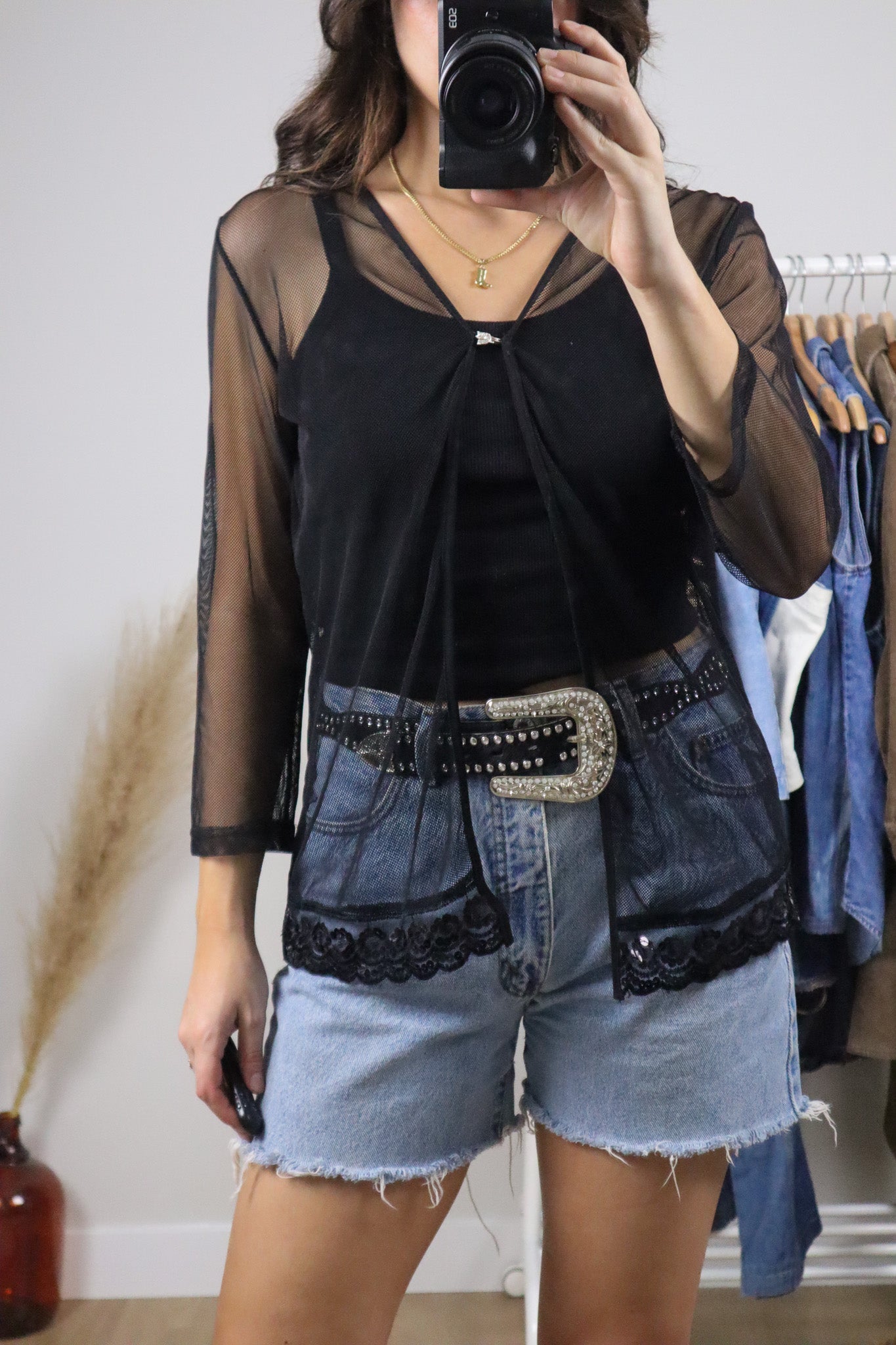 Vintage x Mesh/Sequence Clasp Cardigan (L)