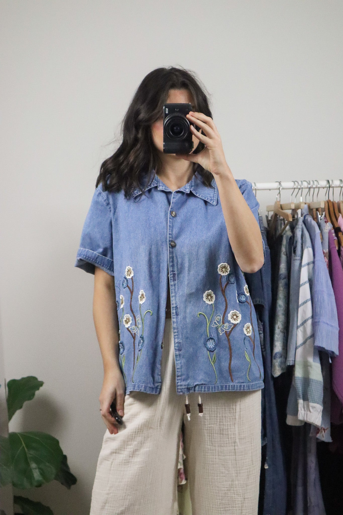 Vintage x Patterned Denim Short-Sleeve Button Top (L/XL)