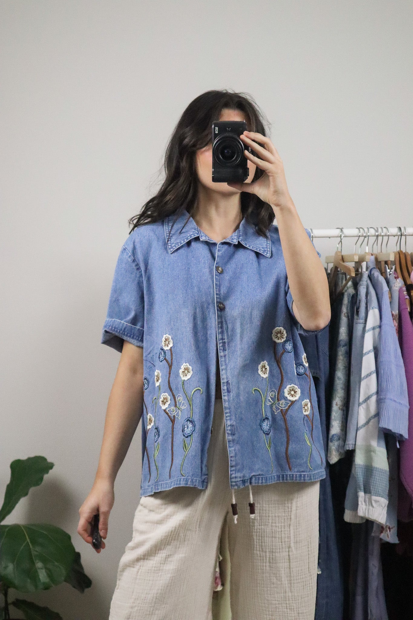 Vintage x Patterned Denim Short-Sleeve Button Top (L/XL)