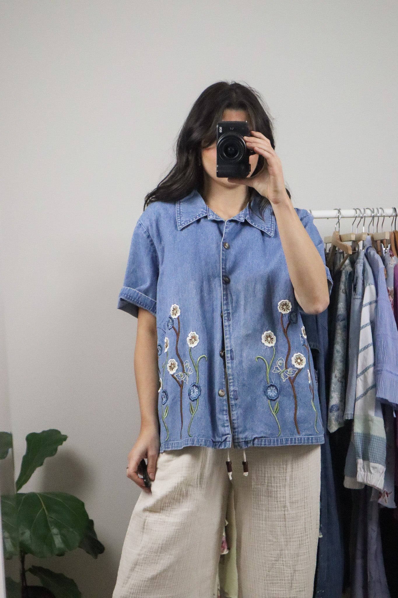 Vintage x Patterned Denim Short-Sleeve Button Top (L/XL)