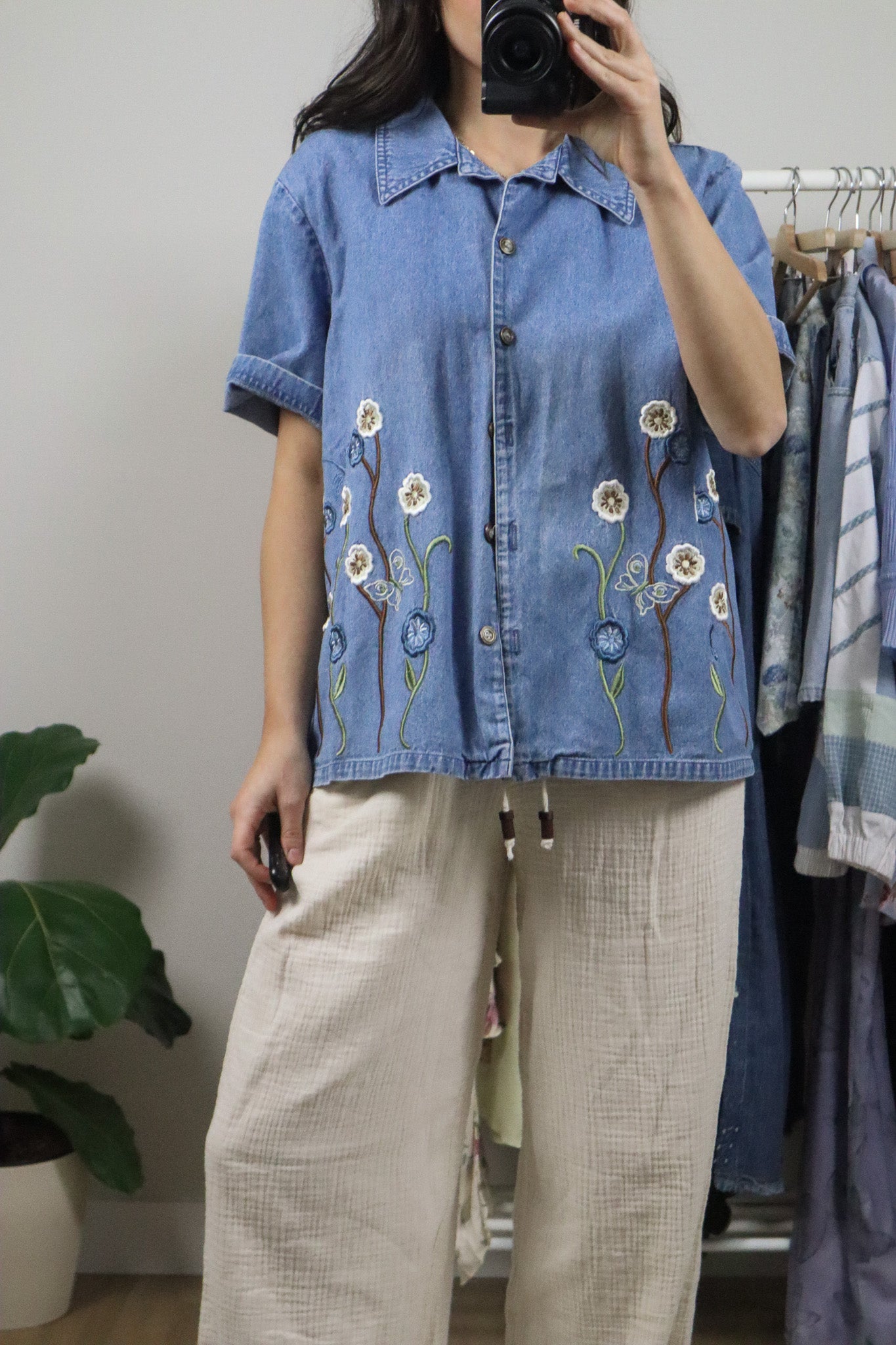 Vintage x Patterned Denim Short-Sleeve Button Top (L/XL)