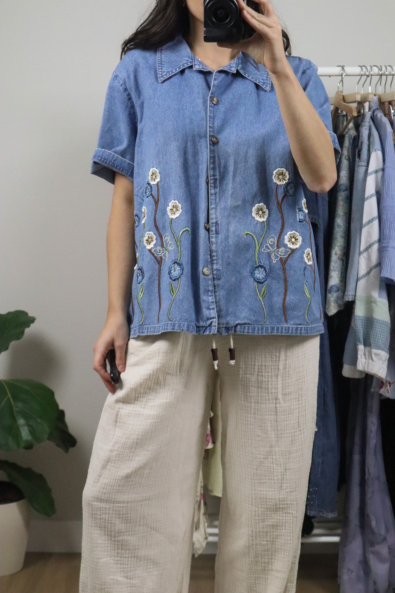 Vintage x Patterned Denim Short-Sleeve Button Top (L/XL)
