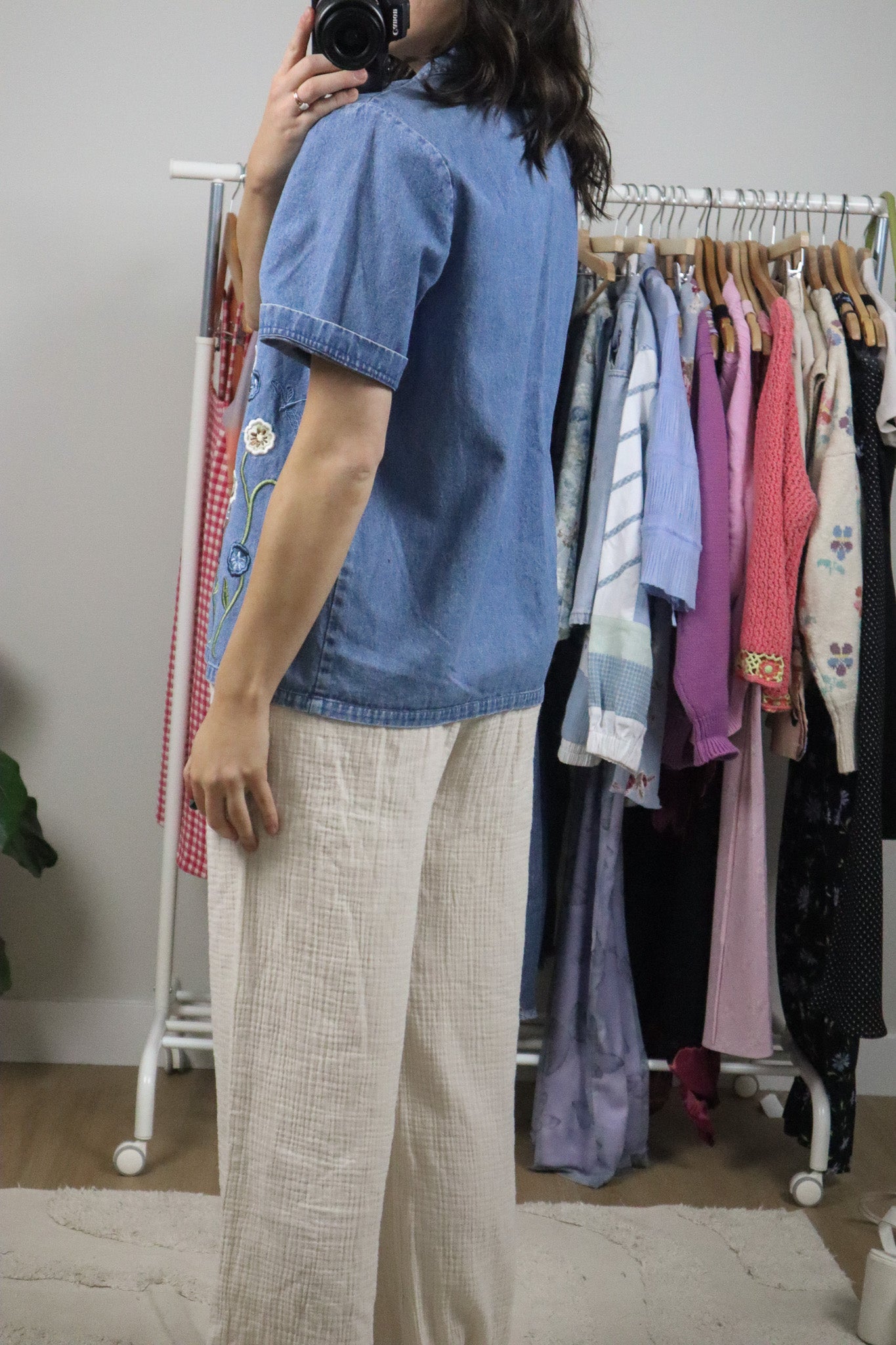 Vintage x Patterned Denim Short-Sleeve Button Top (L/XL)