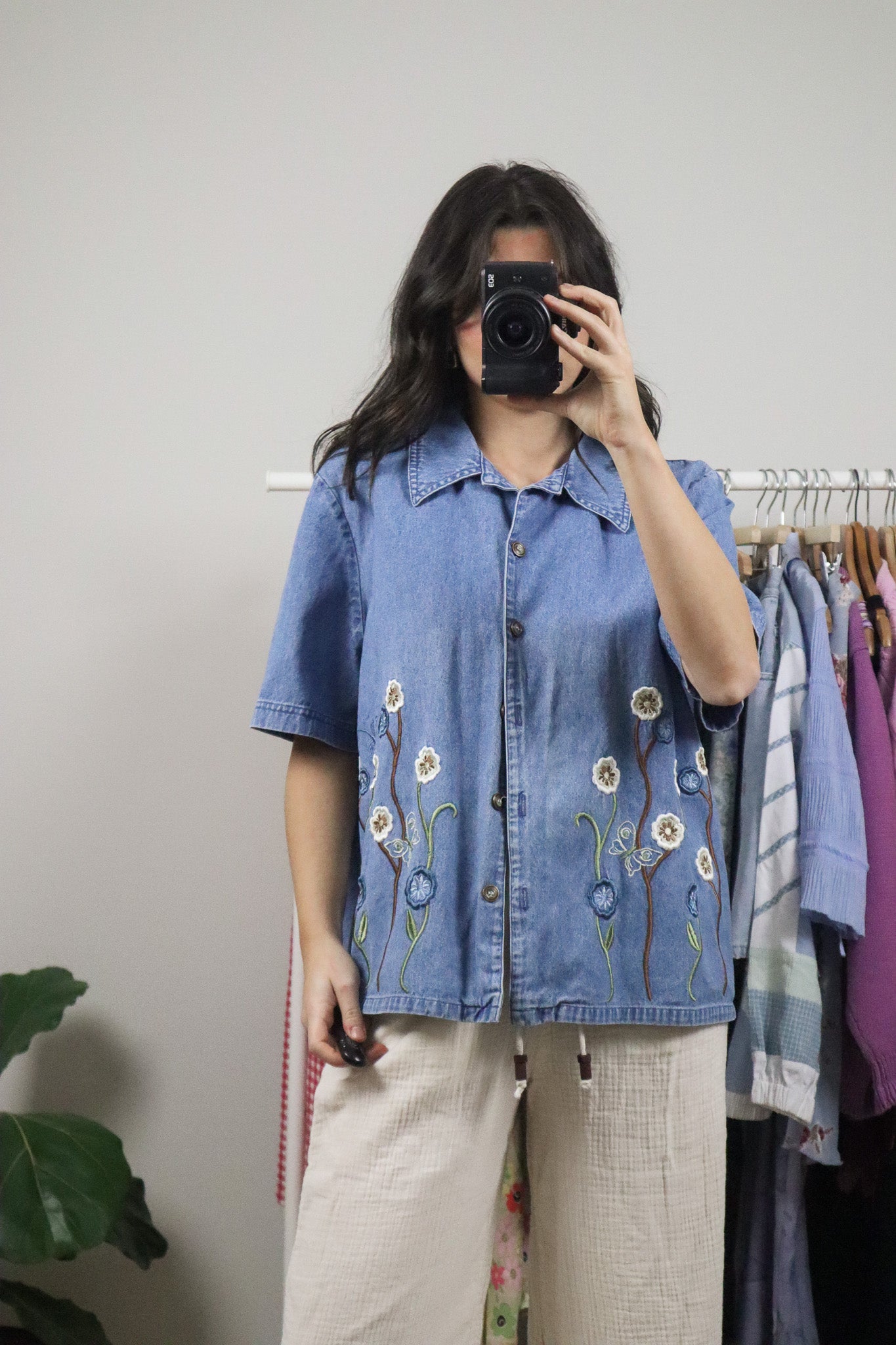 Vintage x Patterned Denim Short-Sleeve Button Top (L/XL)