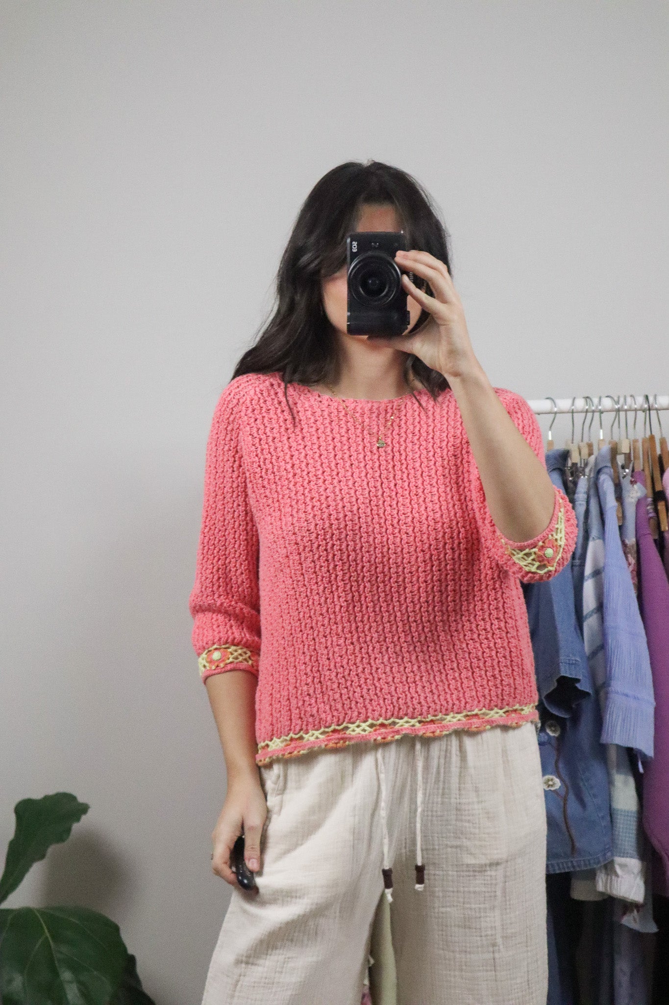 Vintage x Hand Crochet Short-Sleeve Knit Sweater (M)