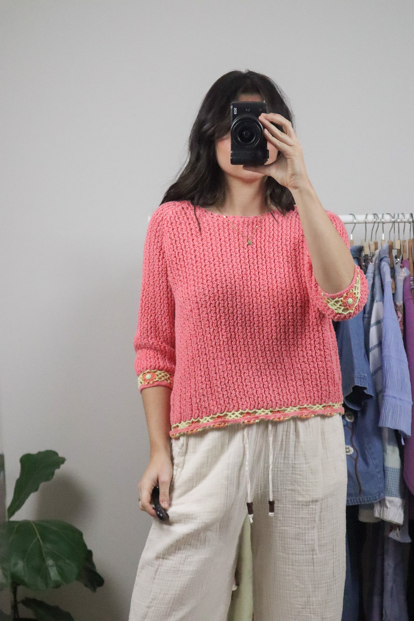 Vintage x Hand Crochet Short-Sleeve Knit Sweater (M)