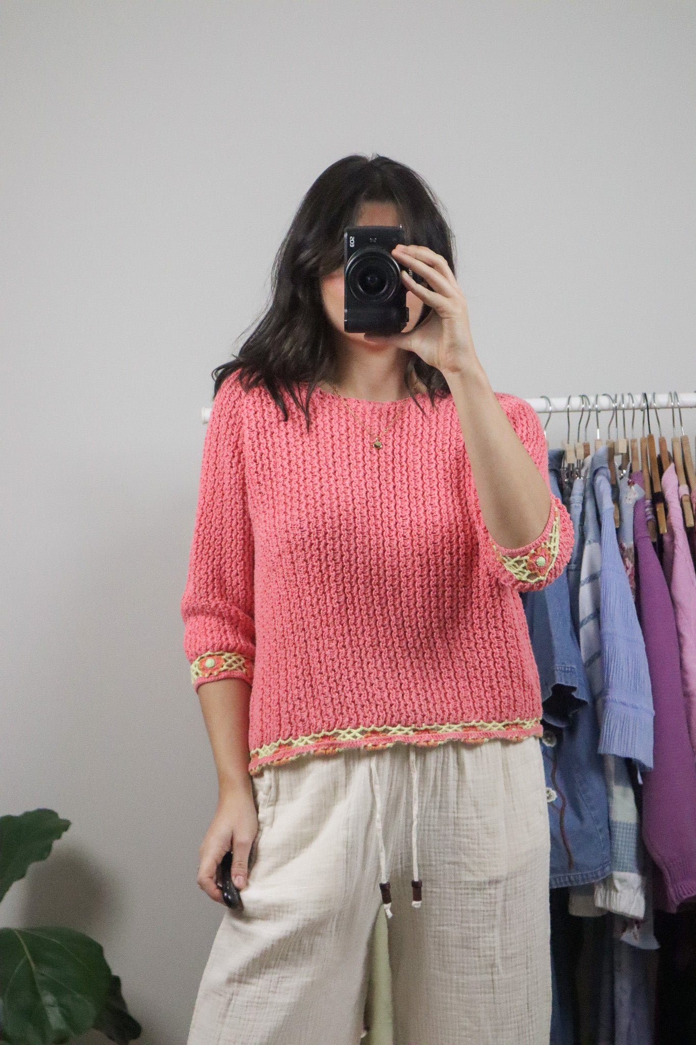Vintage x Hand Crochet Short-Sleeve Knit Sweater (M)