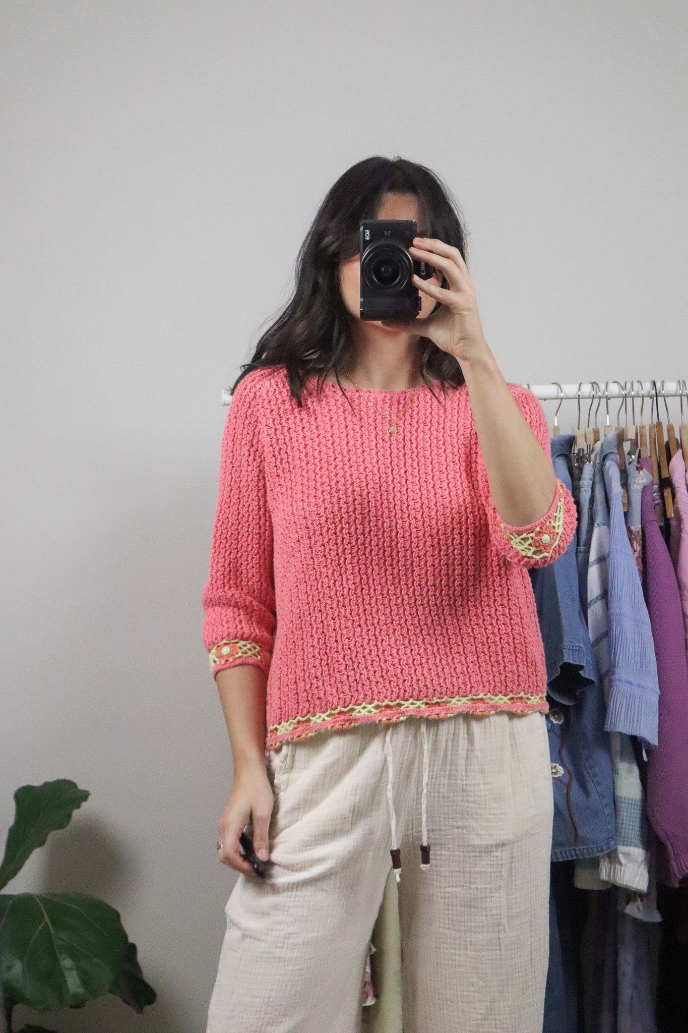 Vintage x Hand Crochet Short-Sleeve Knit Sweater (M)