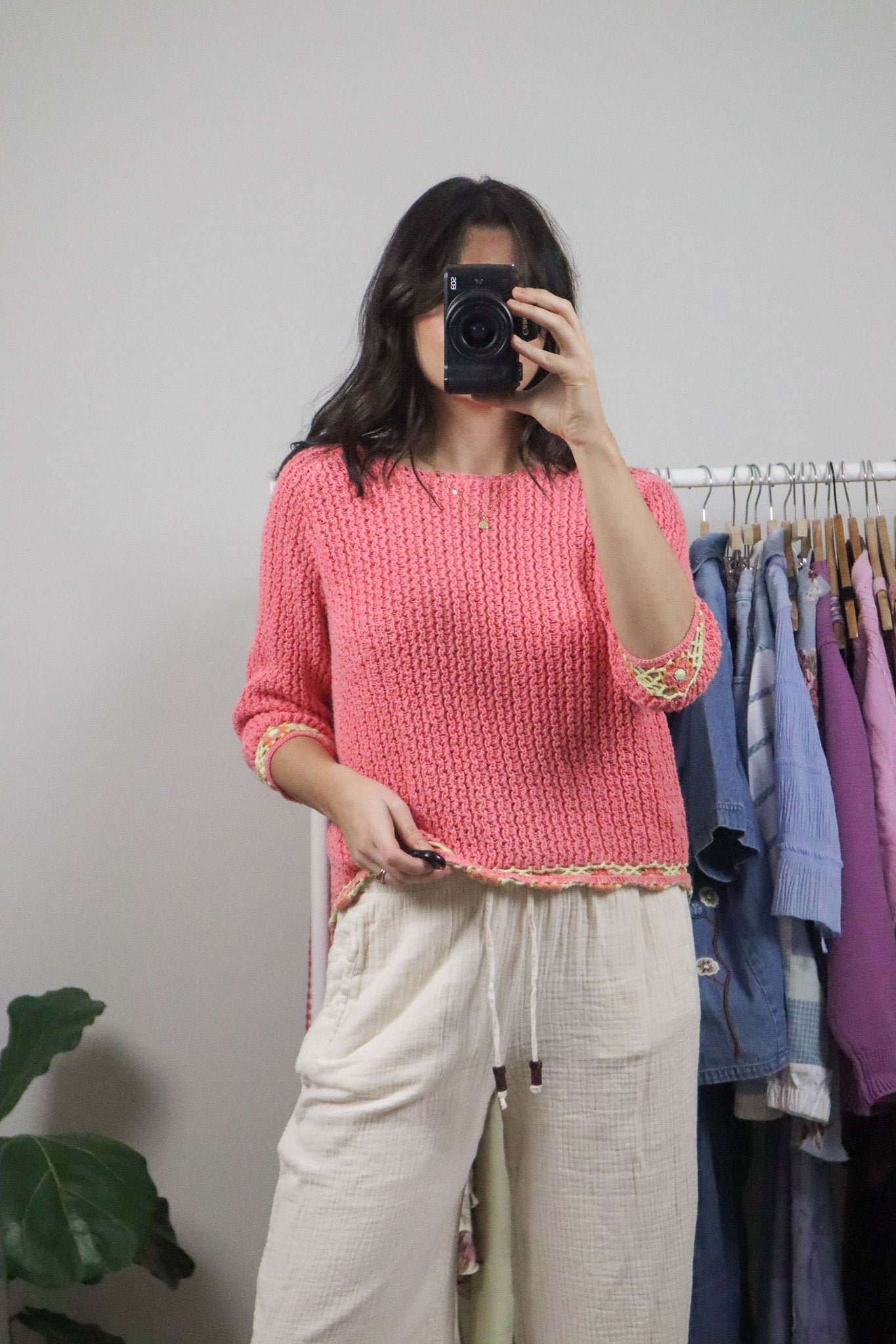 Vintage x Hand Crochet Short-Sleeve Knit Sweater (M)