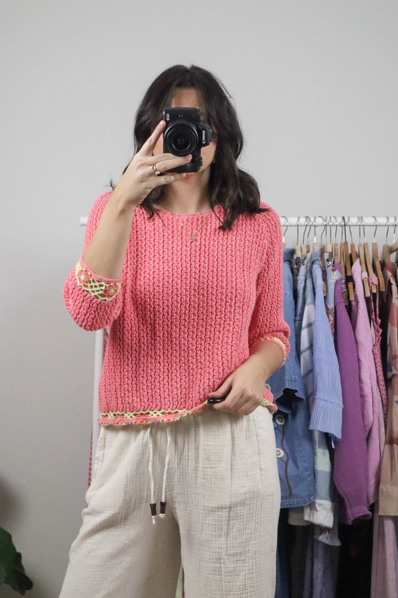 Vintage x Hand Crochet Short-Sleeve Knit Sweater (M)