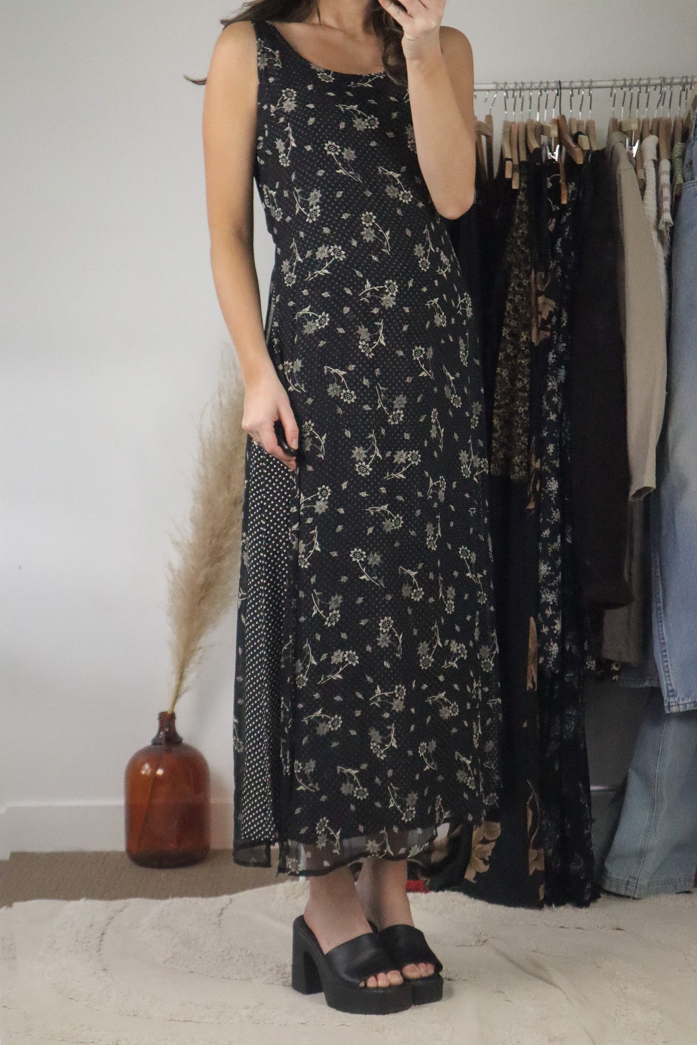 Vintage x Polka Dot & Flower Maxi Dress (S)
