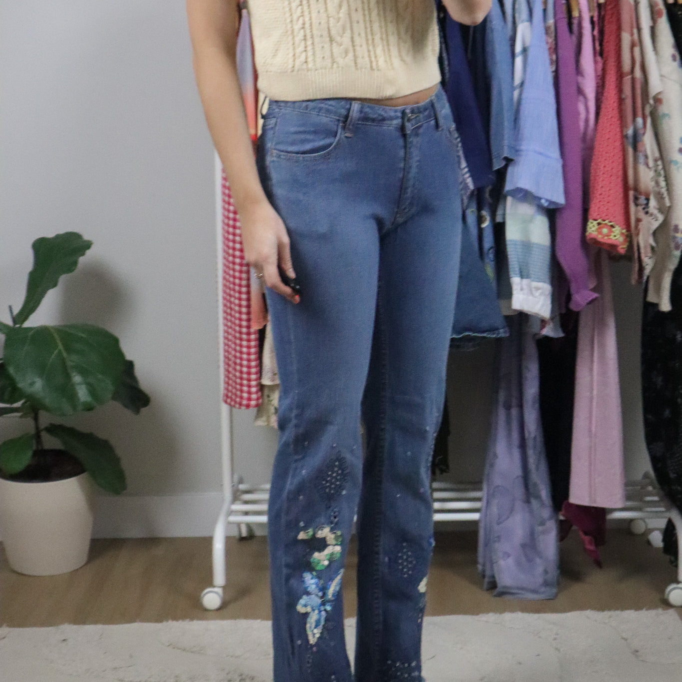 Vintage x Low-Rise Sequence/Beaded Flare Jeans (2)