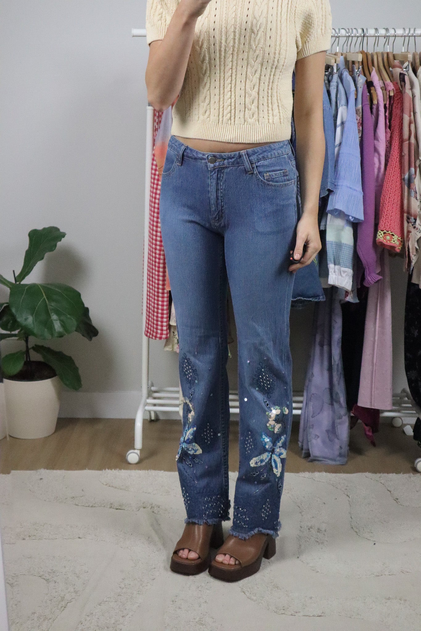 Vintage x Low-Rise Sequence/Beaded Flare Jeans (2)