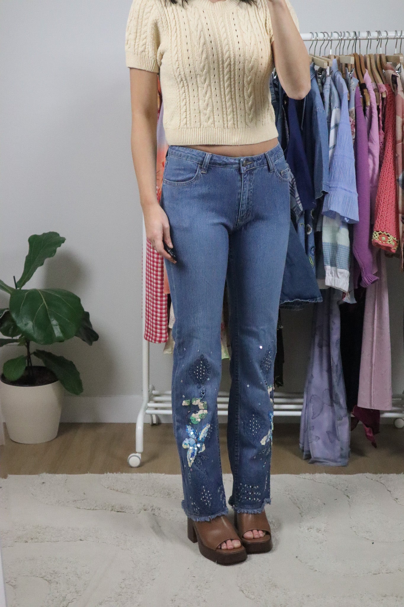 Vintage x Low-Rise Sequence/Beaded Flare Jeans (2)