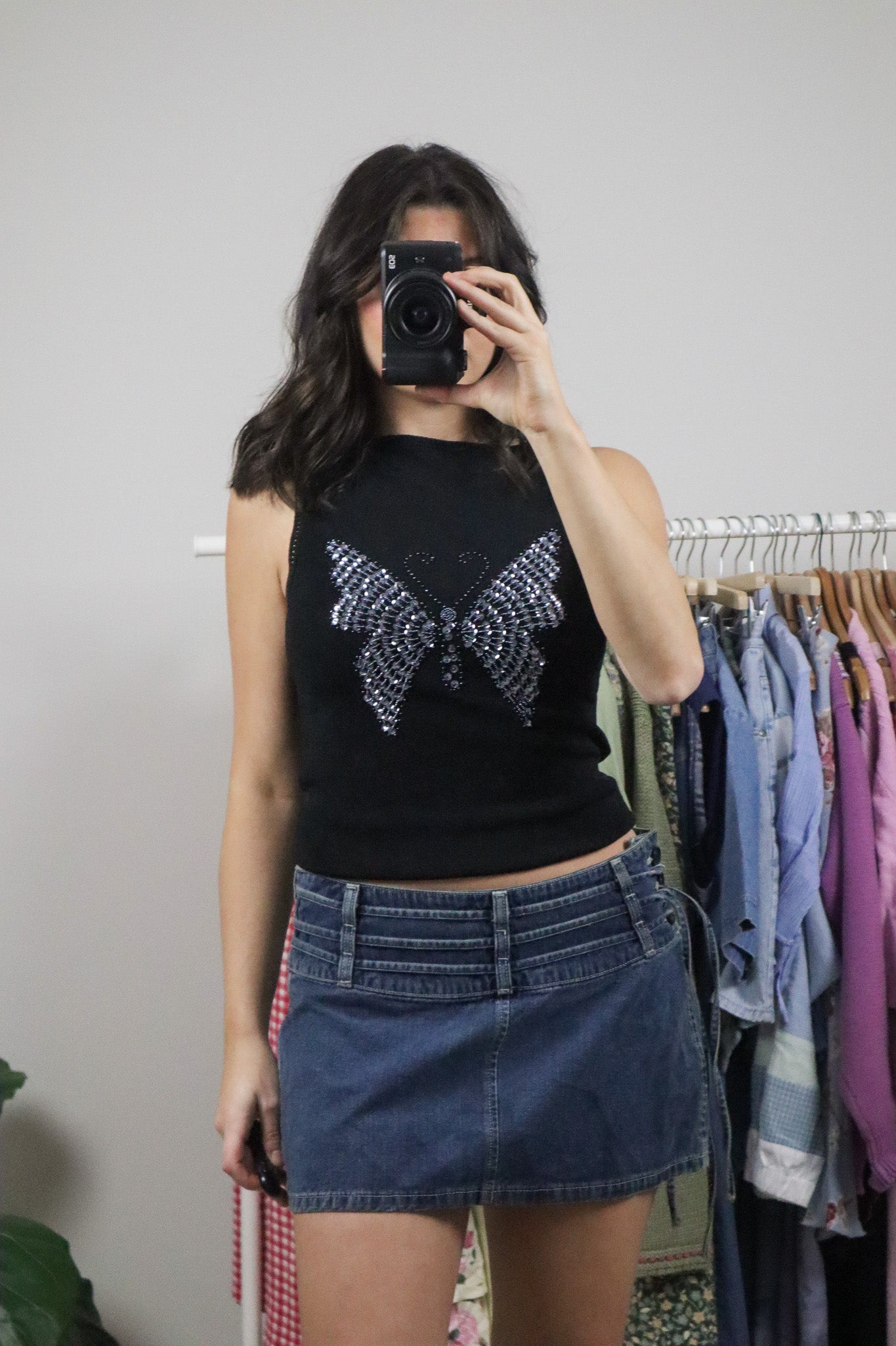 Vintage x High-Neck Sequence Butterfly Tank (S)