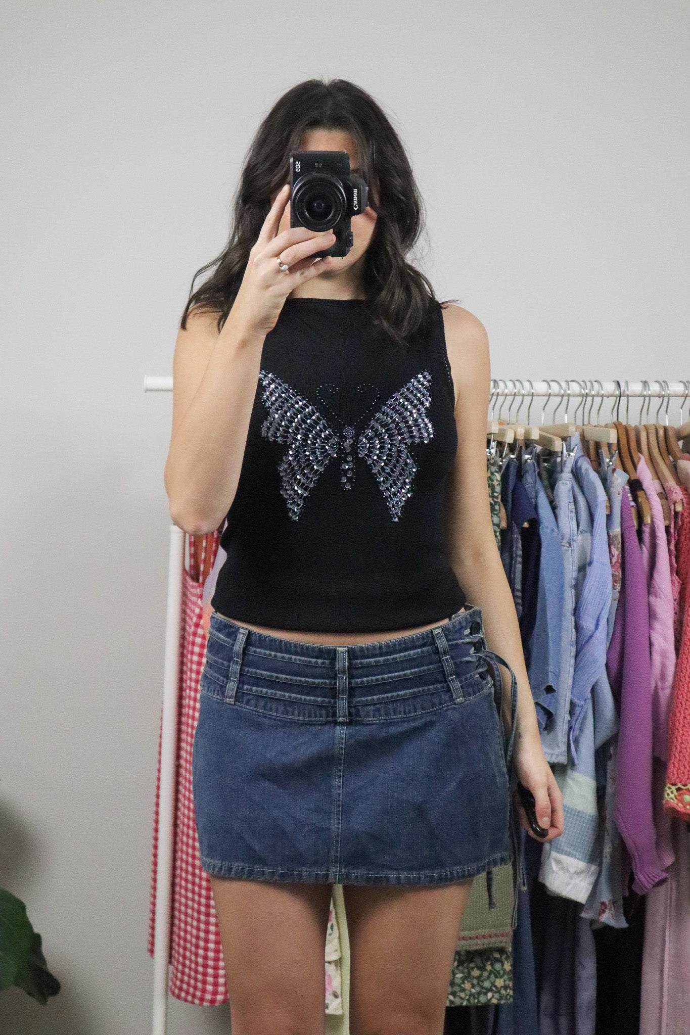 Vintage x High-Neck Sequence Butterfly Tank (S)