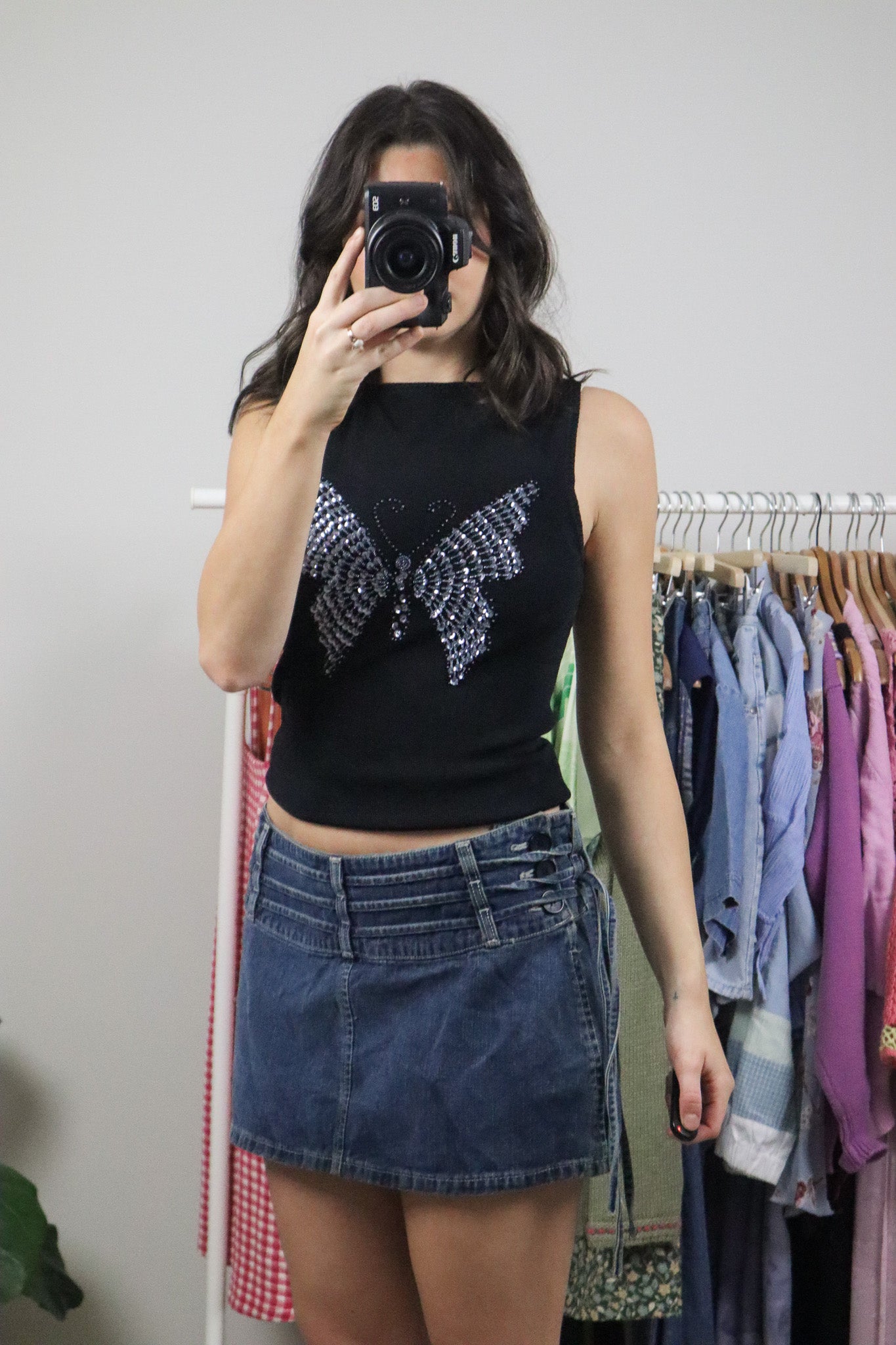 Vintage x High-Neck Sequence Butterfly Tank (S)