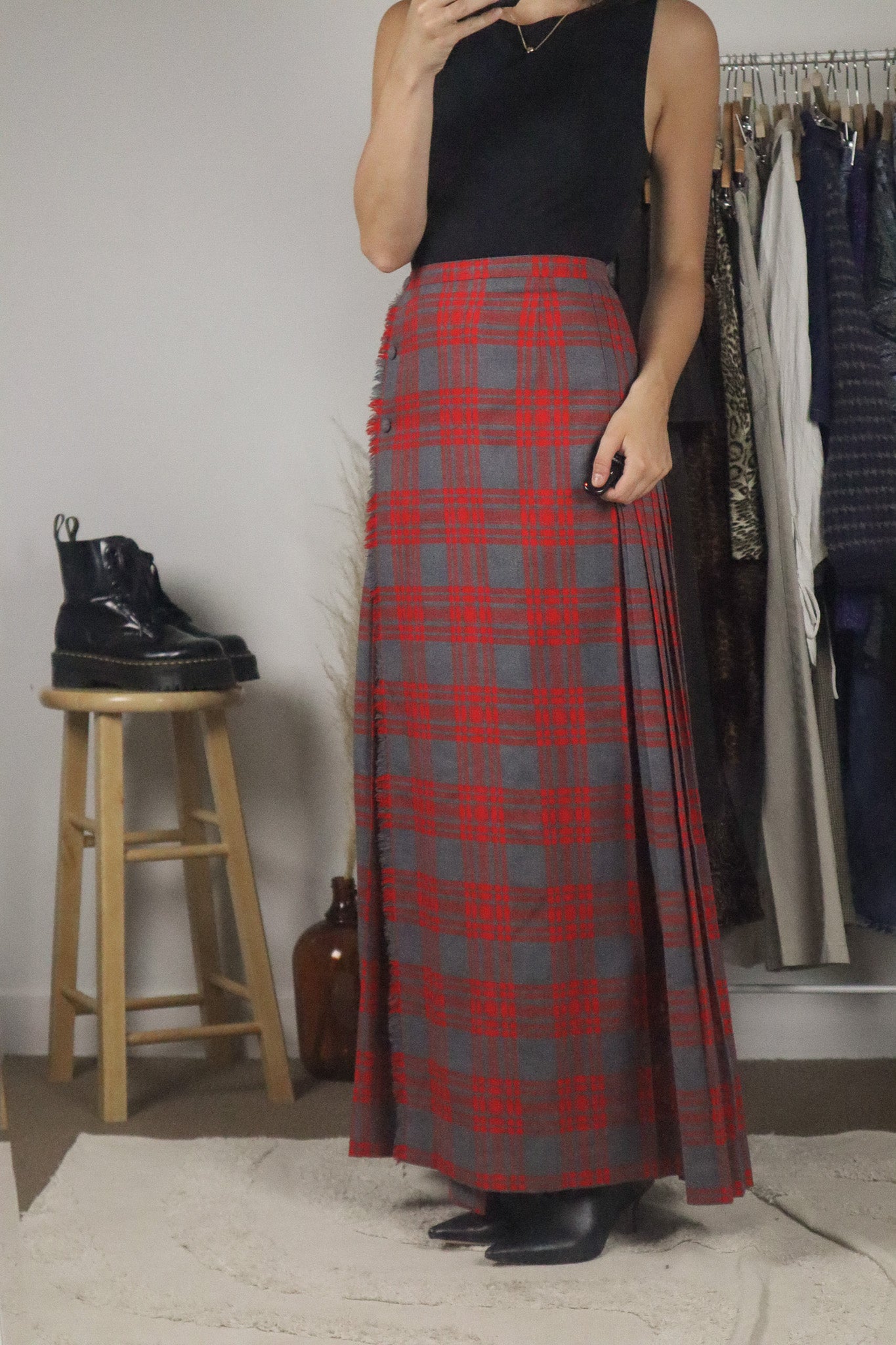 Made in Canada x Vintage 70s x Wool Plaid Maxi Skirt (S)