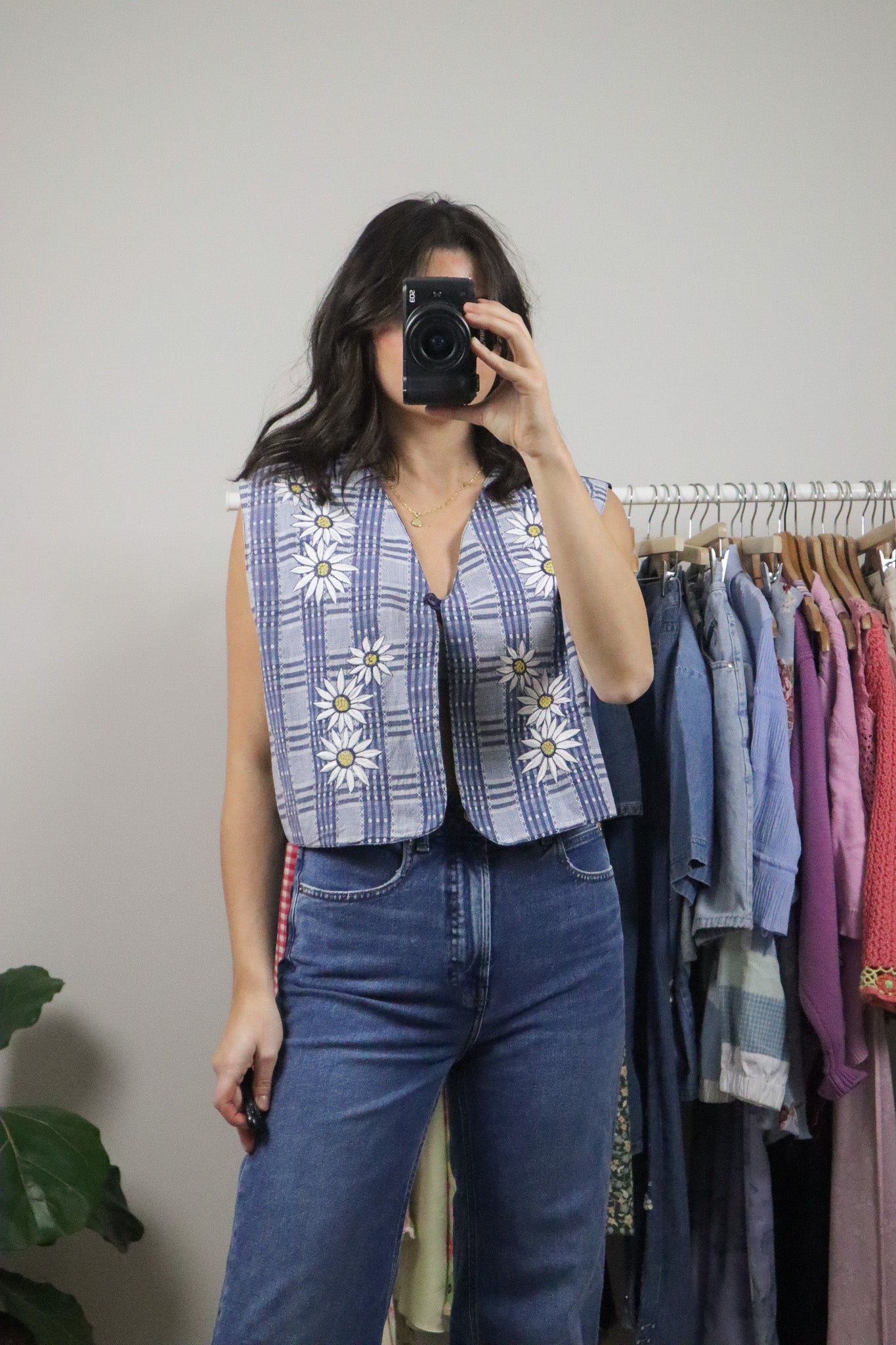 Vintage x Cotton Flower/Plaid Cropped Vest (L/XL)