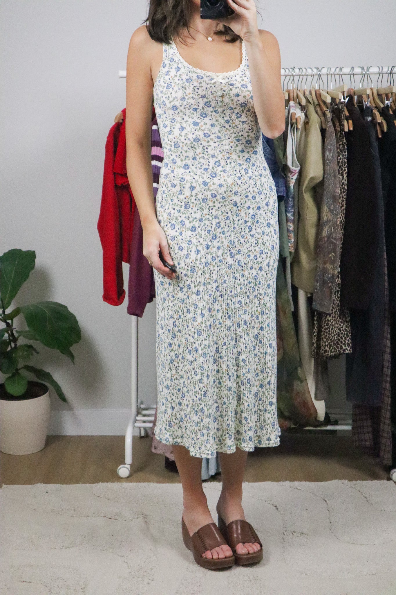 Made in Canada x Vintage x Floral Ribbed Maxi Dress (XS/S)