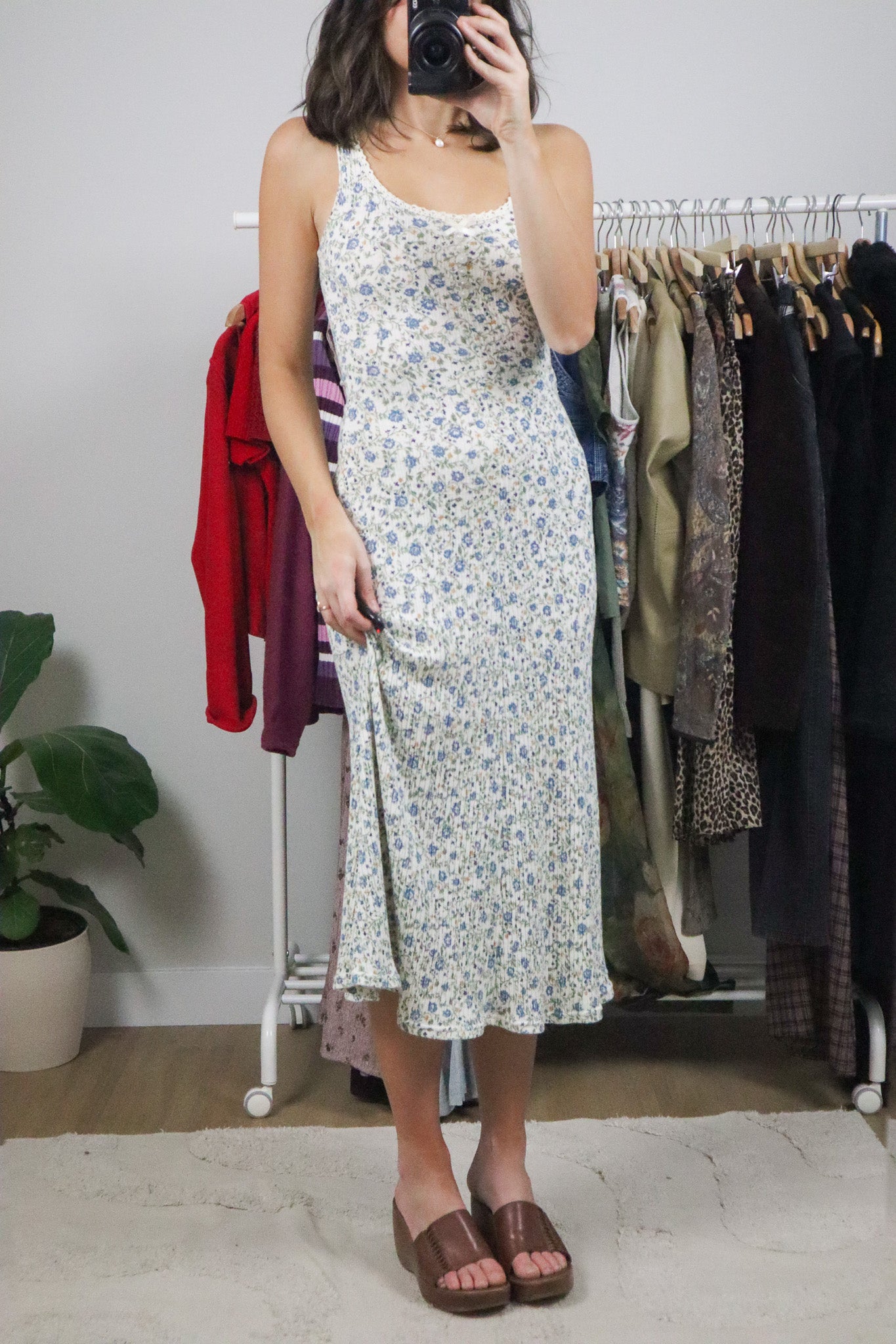 Made in Canada x Vintage x Floral Ribbed Maxi Dress (XS/S)