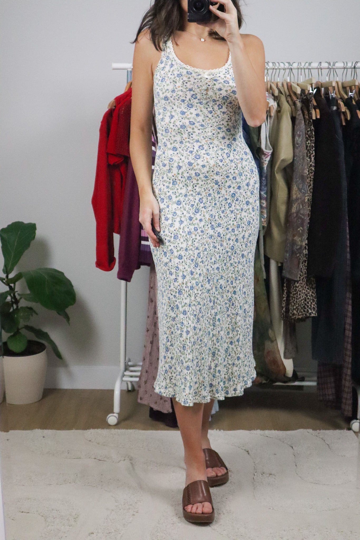 Made in Canada x Vintage x Floral Ribbed Maxi Dress (XS/S)