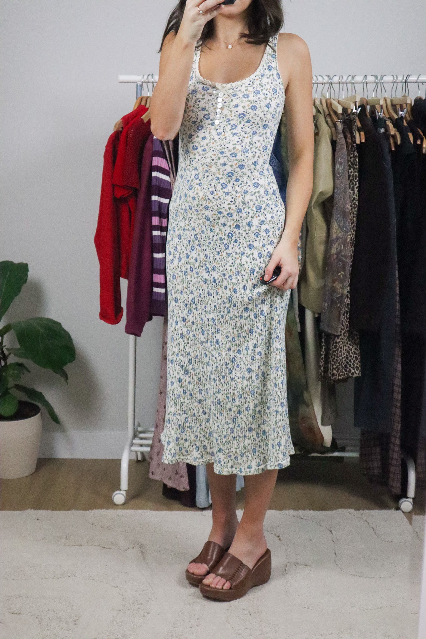 Made in Canada x Vintage x Floral Ribbed Maxi Dress (XS/S)