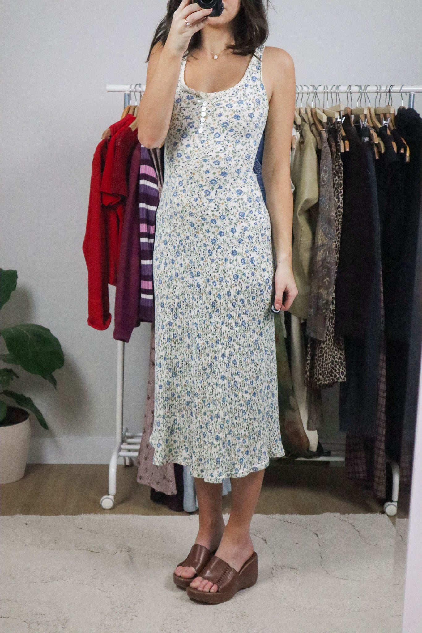 Made in Canada x Vintage x Floral Ribbed Maxi Dress (XS/S)