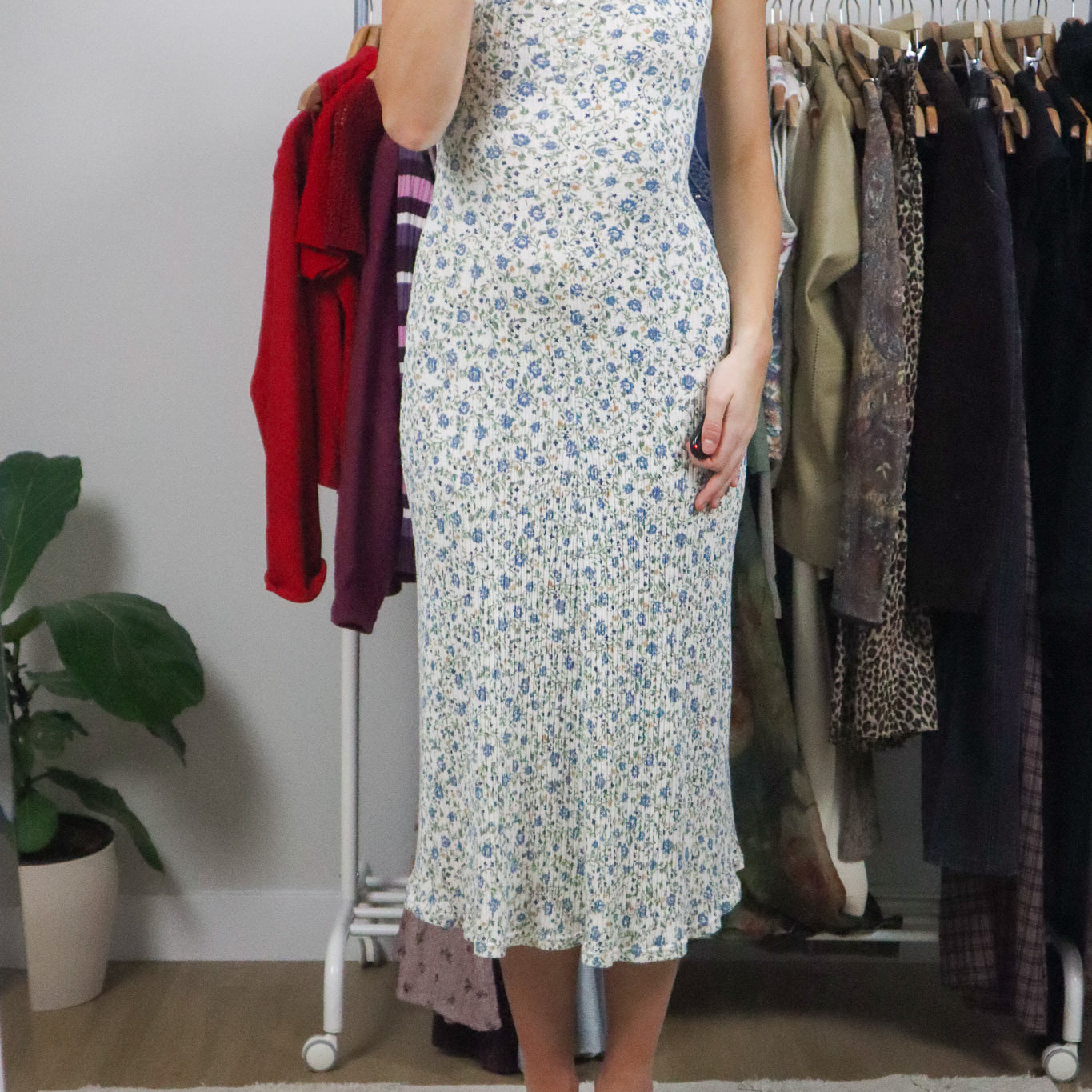 Made in Canada x Vintage x Floral Ribbed Maxi Dress (XS/S)