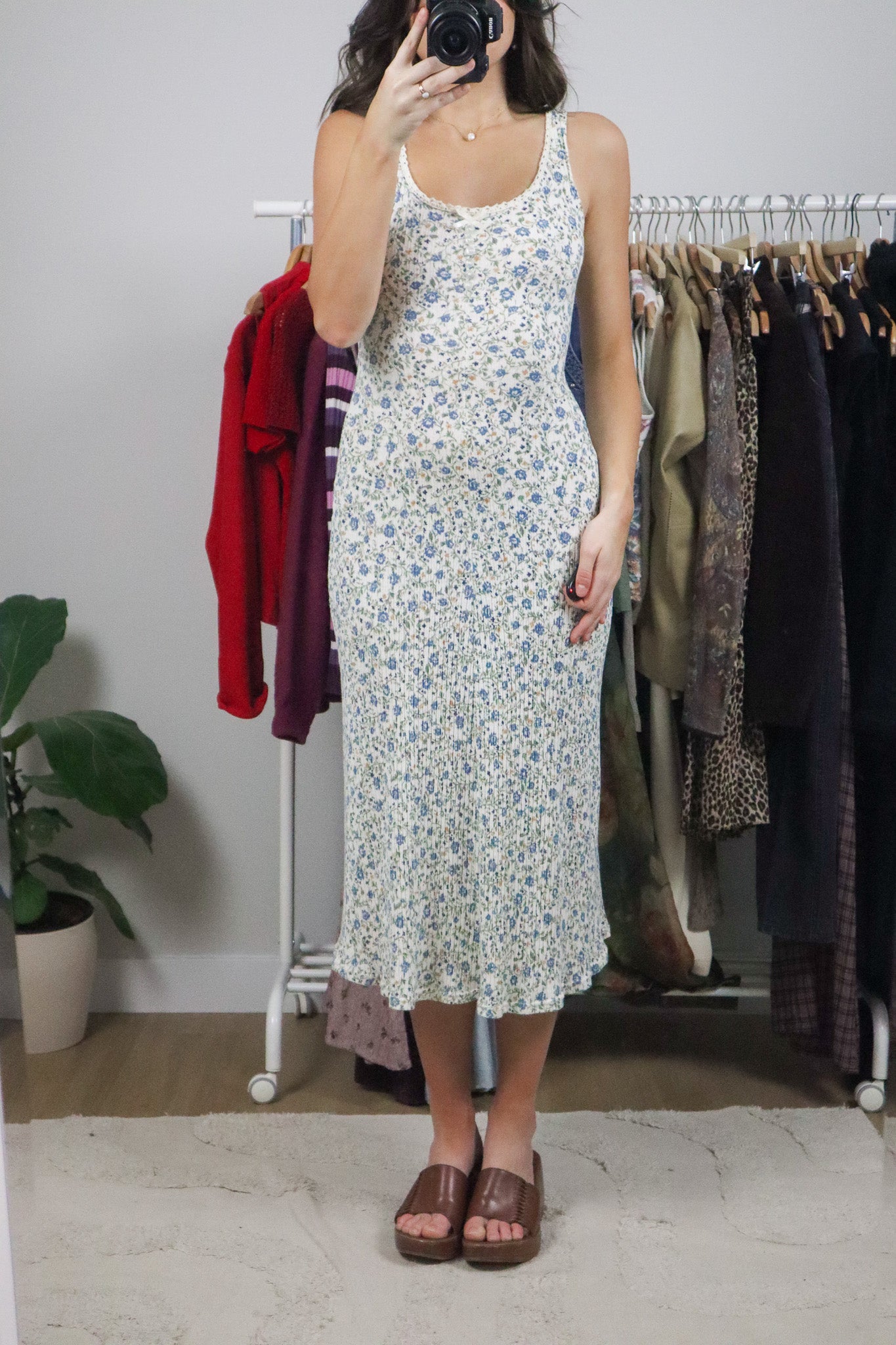 Made in Canada x Vintage x Floral Ribbed Maxi Dress (XS/S)