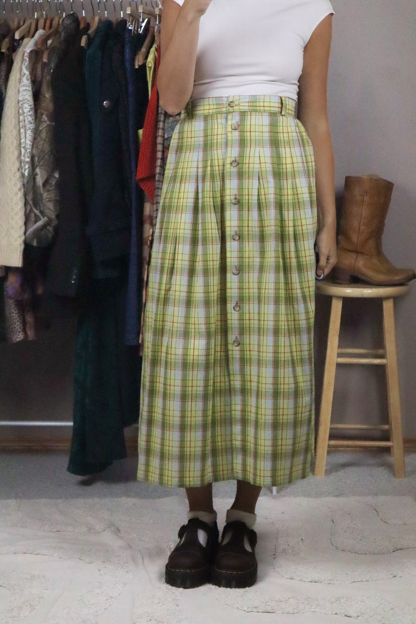 Vintage x Deadstock Plaid Midi Skirt (L)