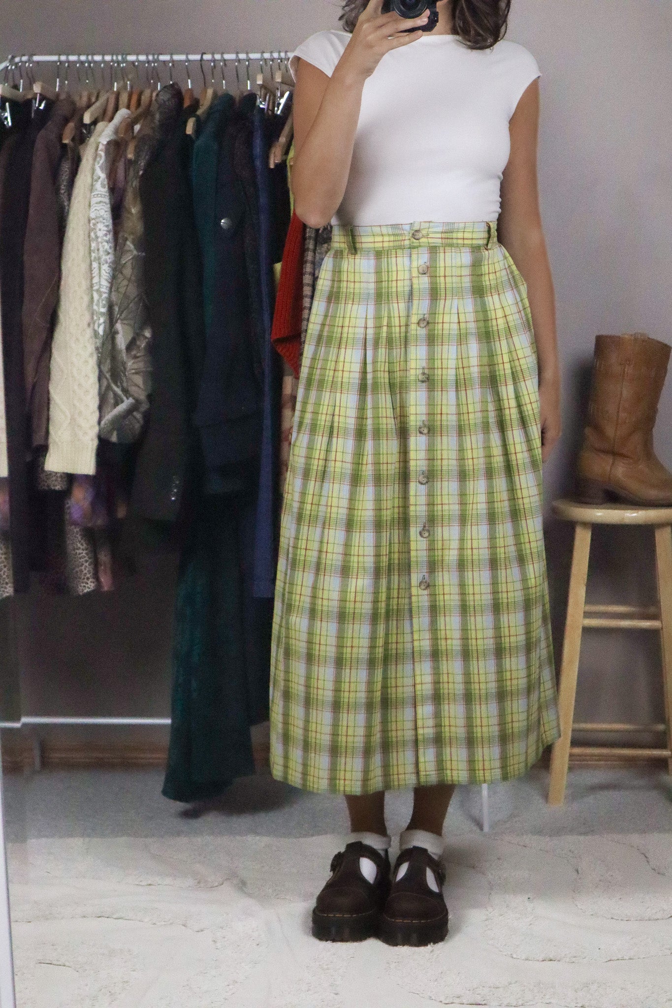 Vintage x Deadstock Plaid Midi Skirt (L)
