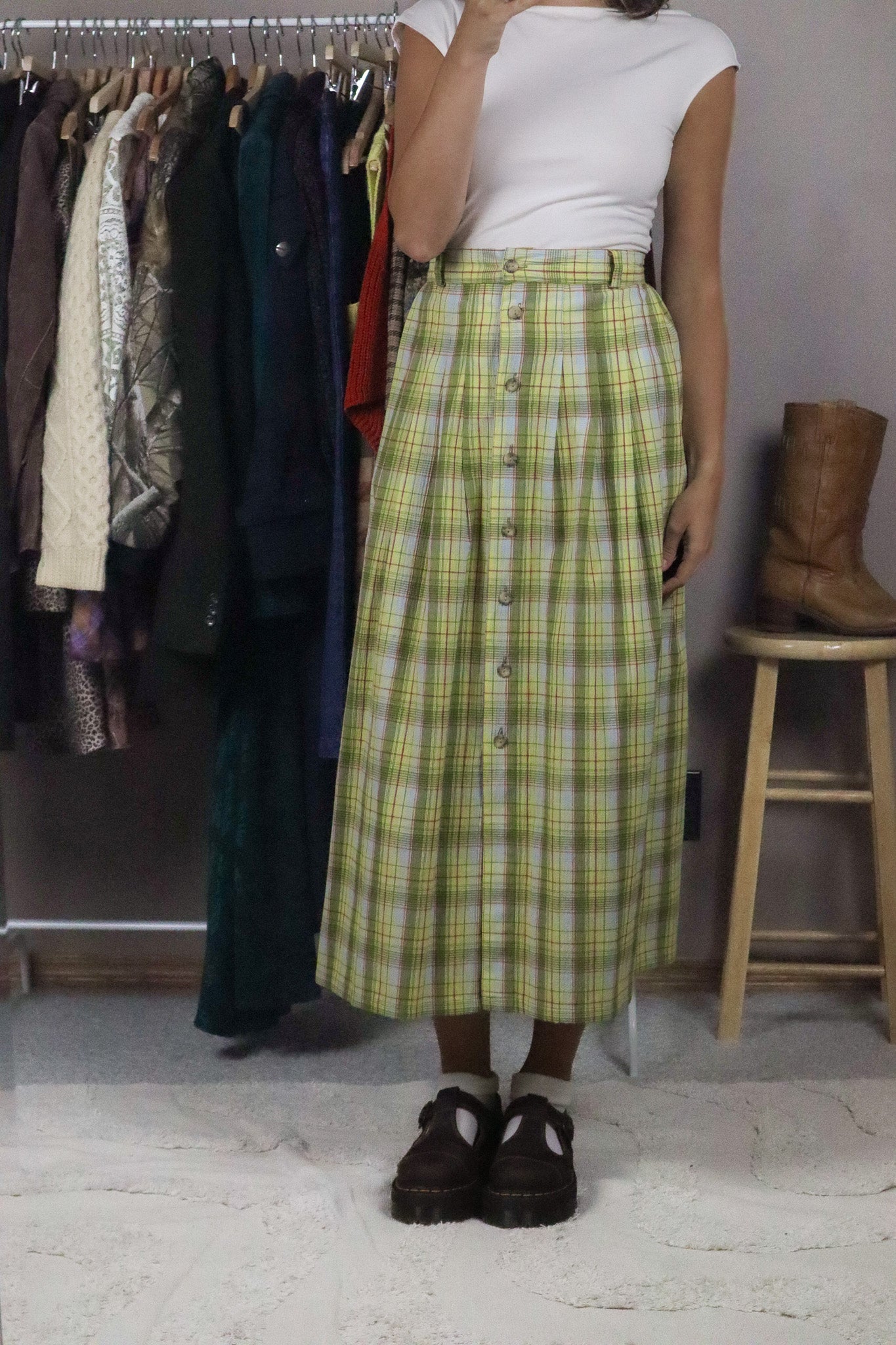 Vintage x Deadstock Plaid Midi Skirt (L)