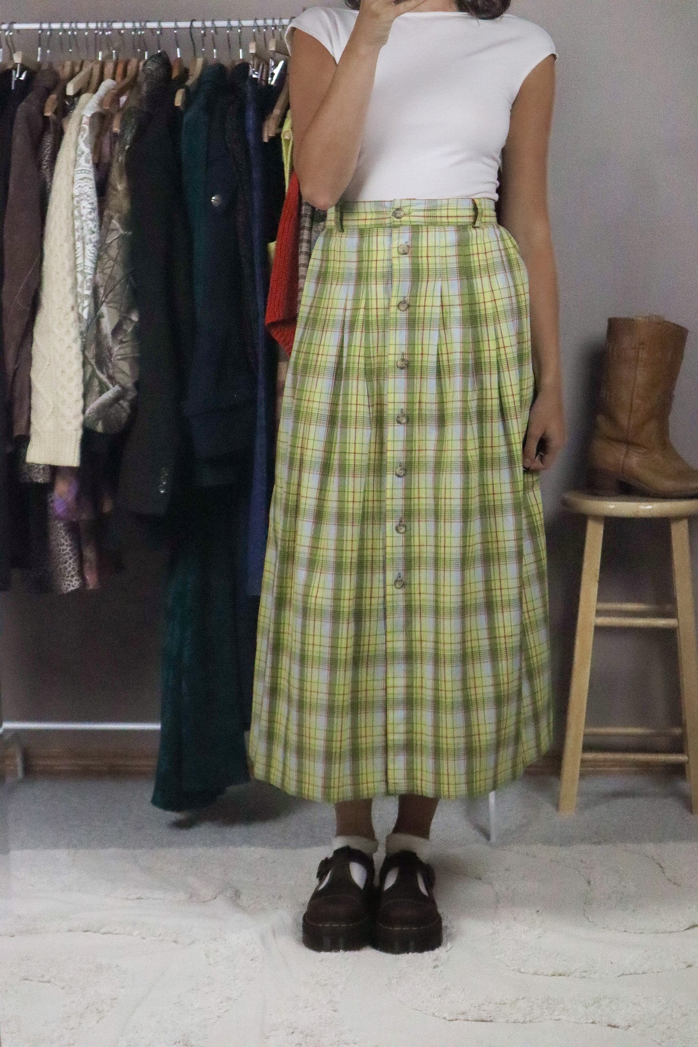 Vintage x Deadstock Plaid Midi Skirt (L)