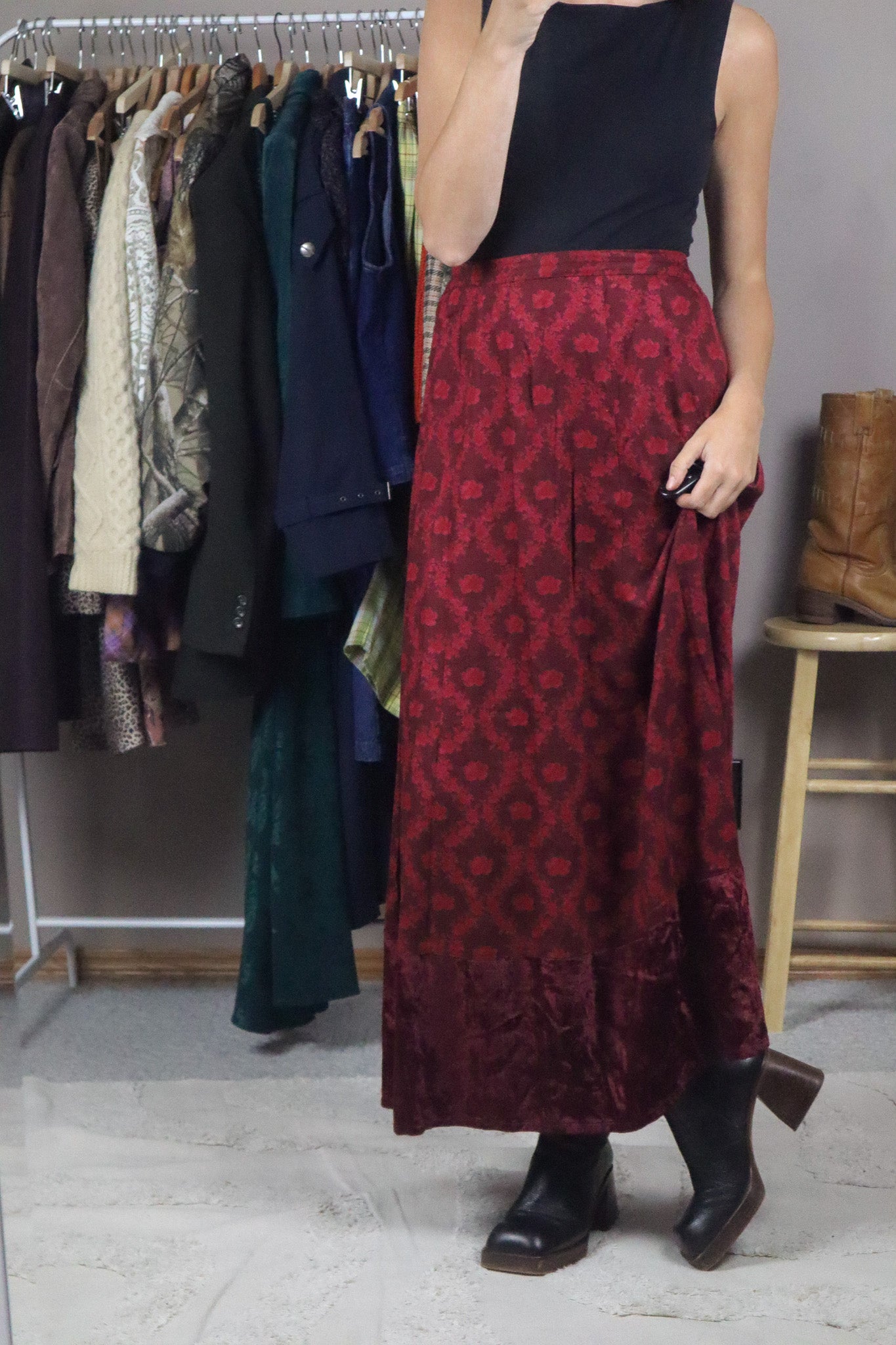 Vintage x Floral & Velvet Maxi Skirt (L)