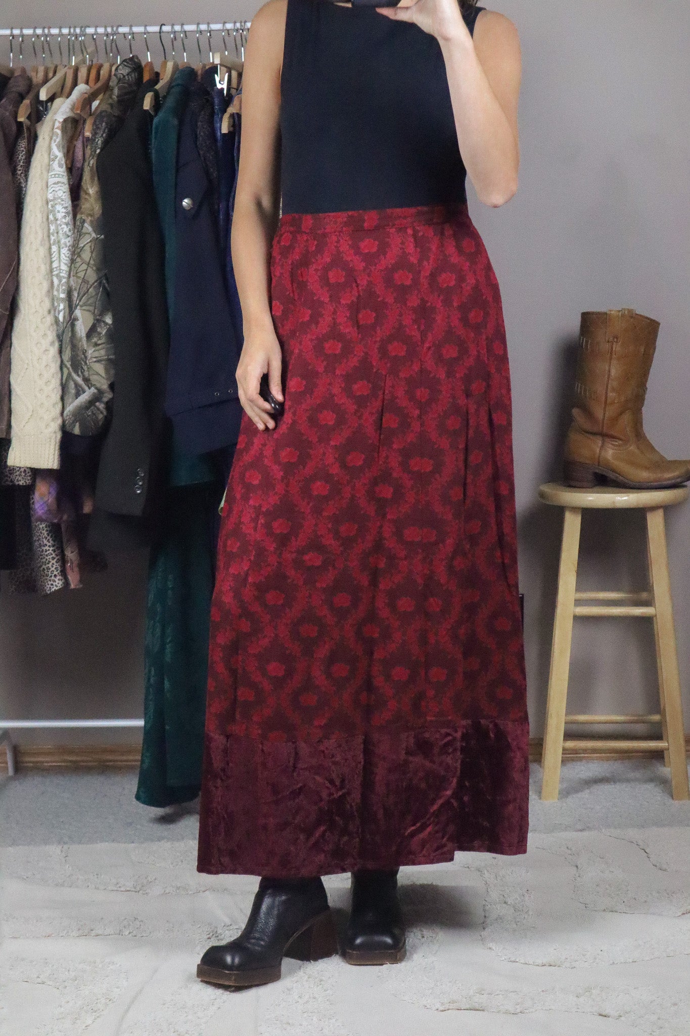 Vintage x Floral & Velvet Maxi Skirt (L)