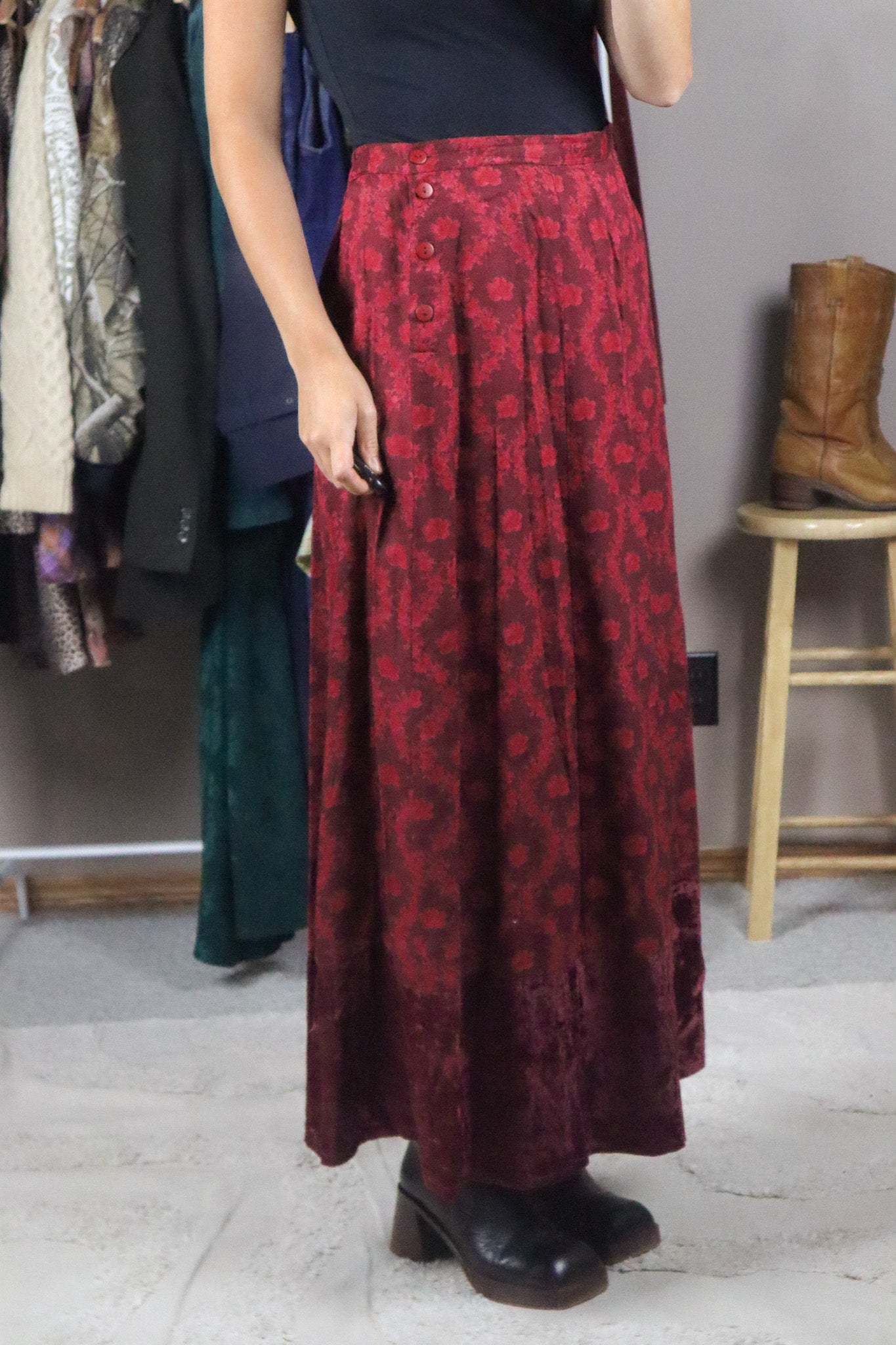Vintage x Floral & Velvet Maxi Skirt (L)