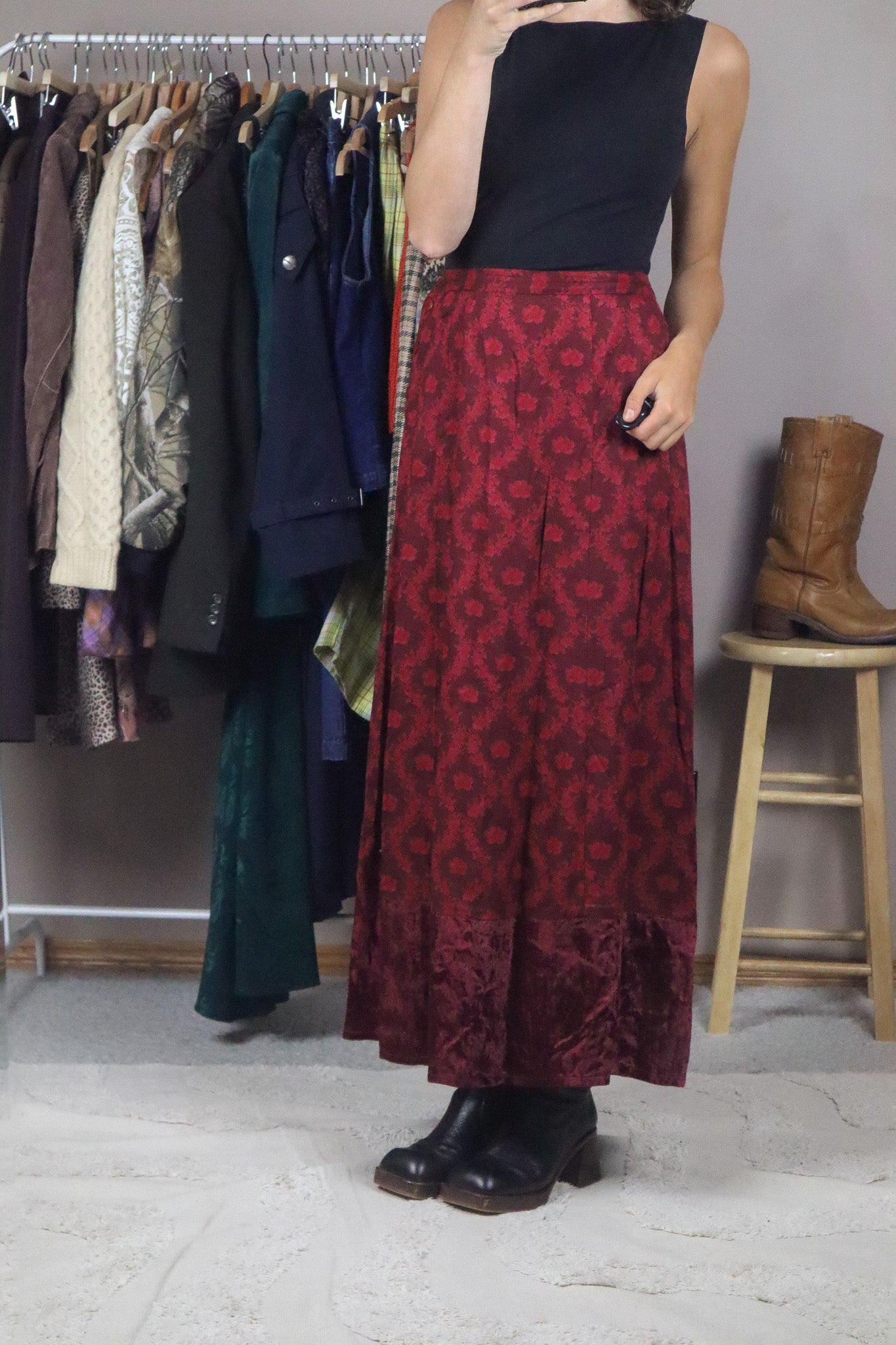 Vintage x Floral & Velvet Maxi Skirt (L)