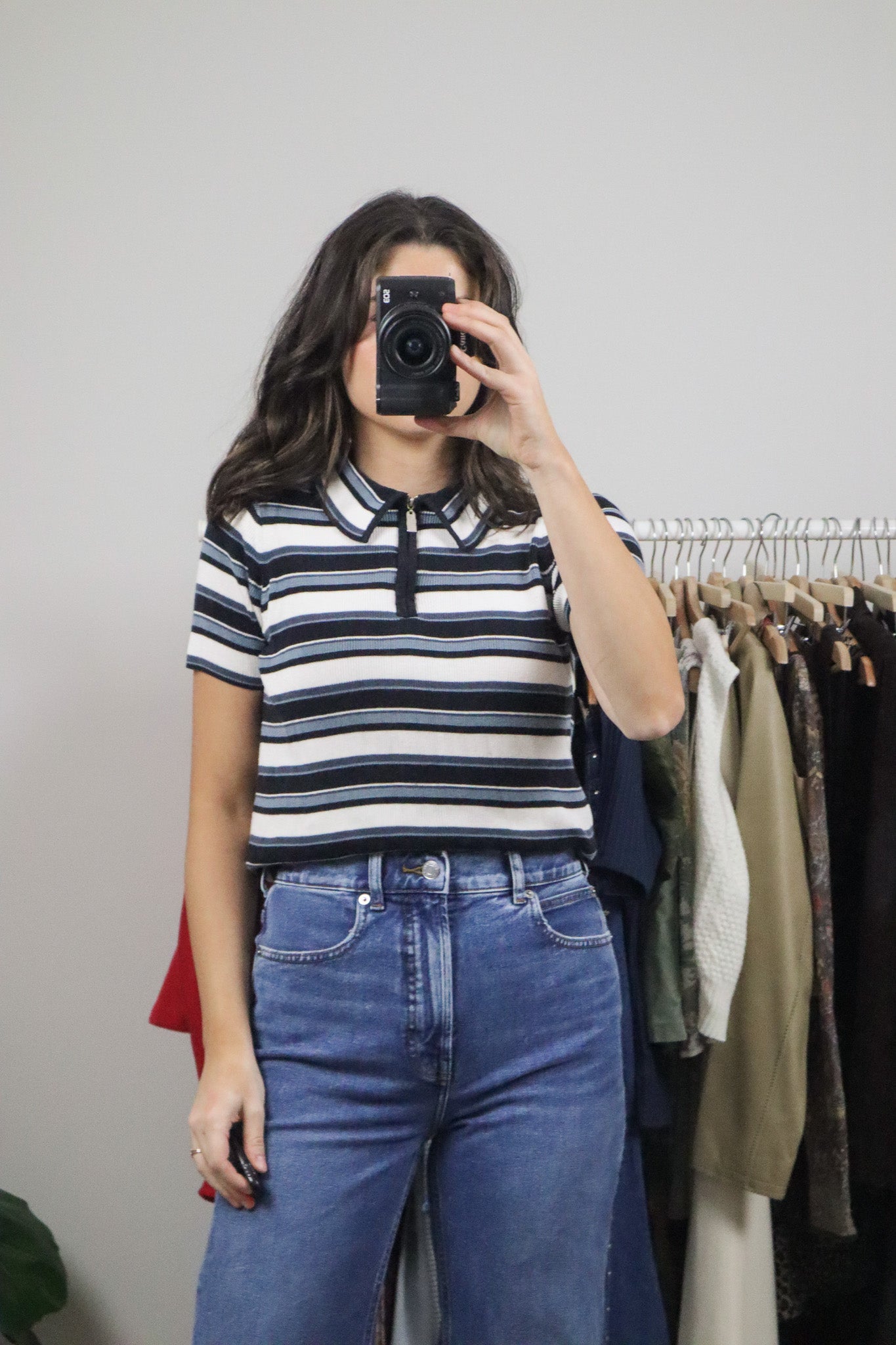 Vintage x Stripped Quater Zip Collared Top (M)