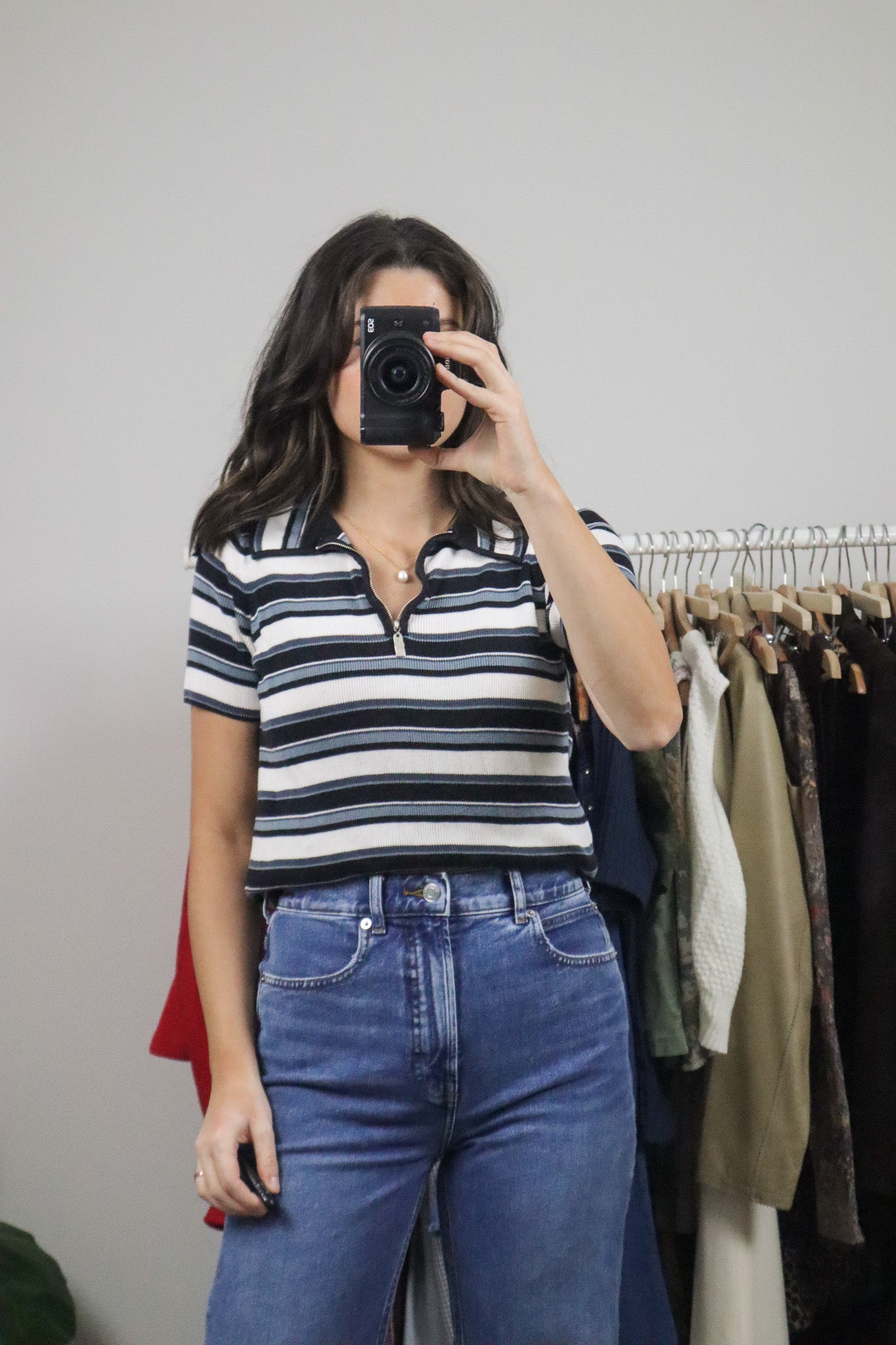 Vintage x Stripped Quater Zip Collared Top (M)