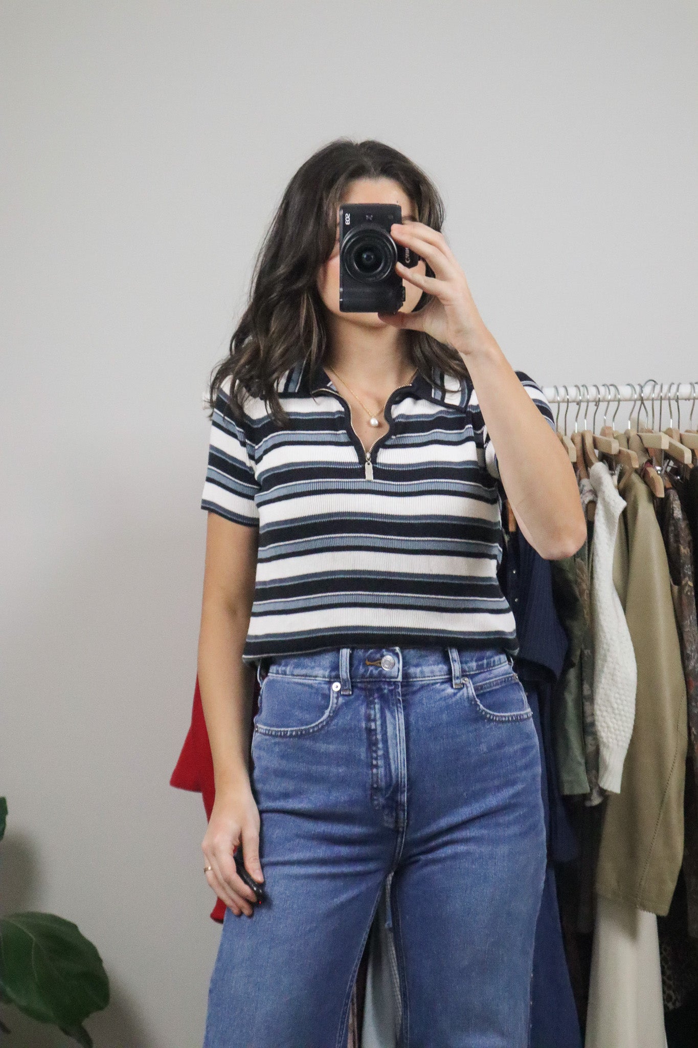 Vintage x Stripped Quater Zip Collared Top (M)