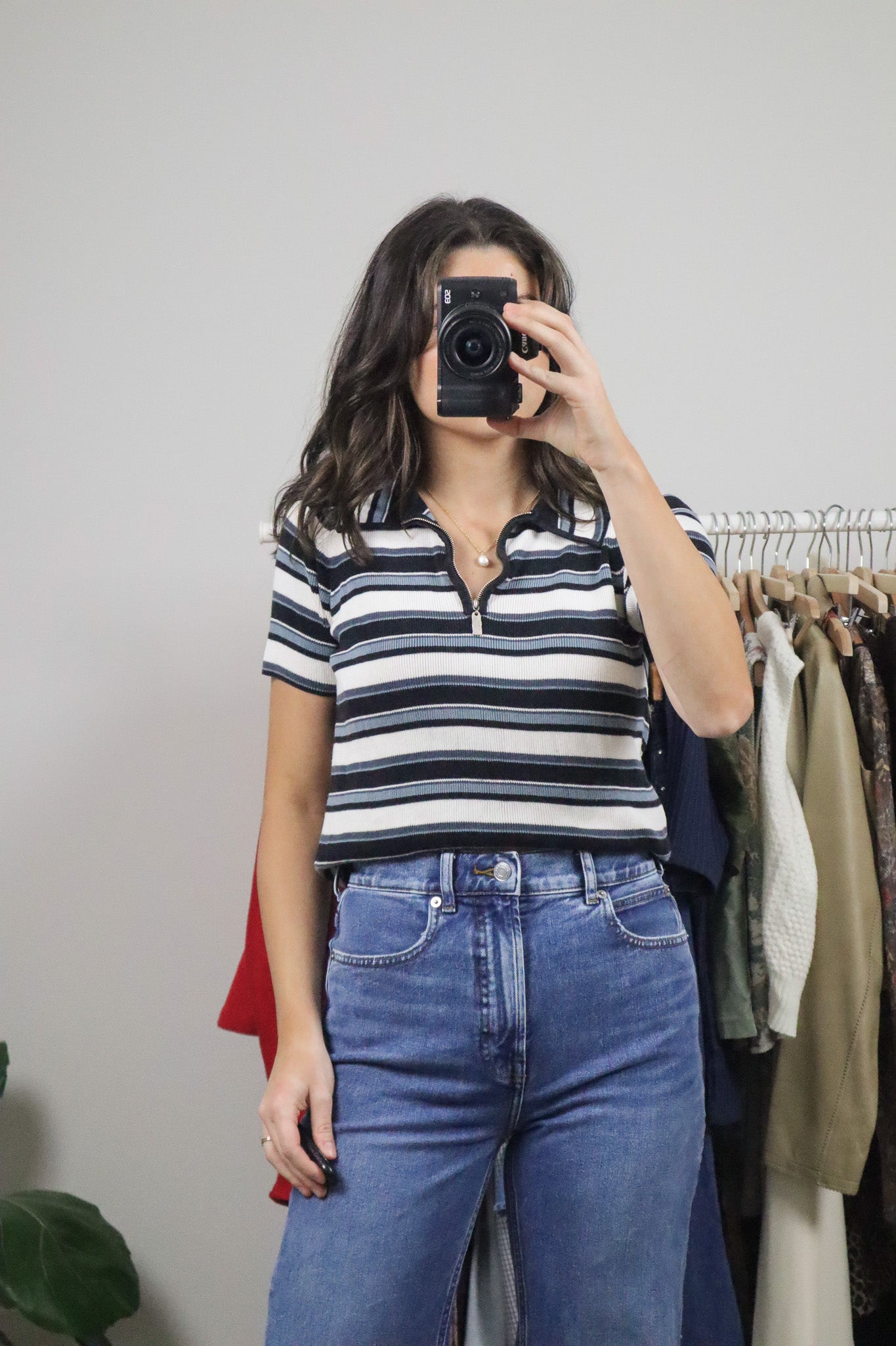 Vintage x Stripped Quater Zip Collared Top (M)